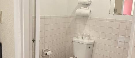 A small bathroom with a toilet, a sink, and a mirror.