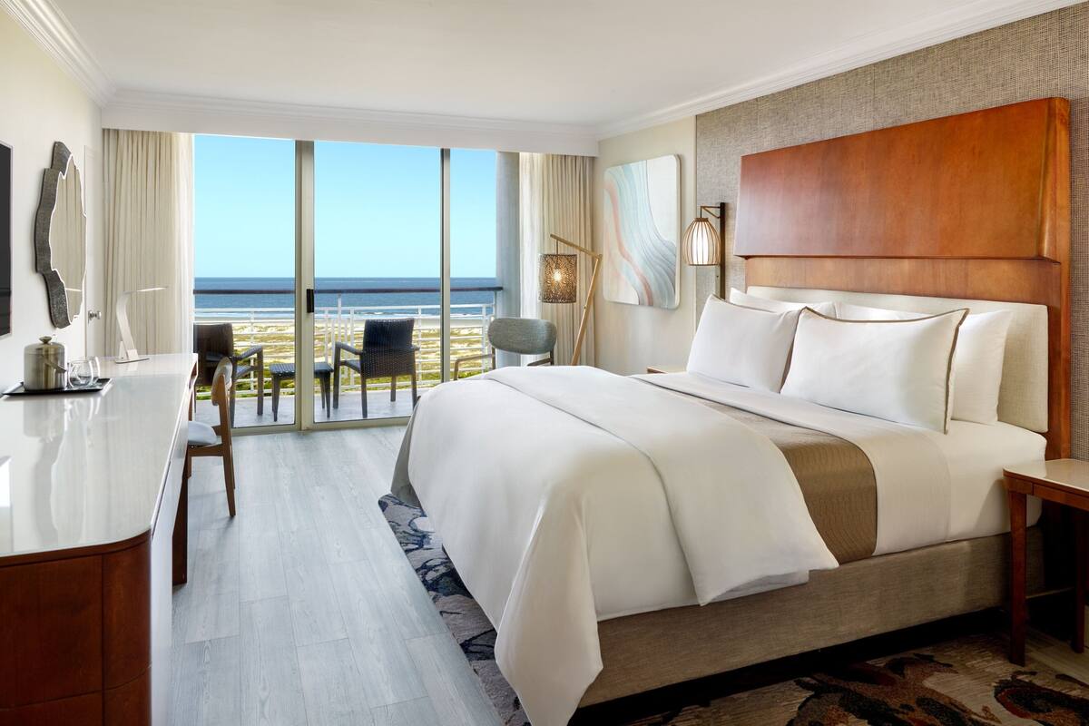 Ein Hotelzimmer mit einem großen Bett, einem Schreibtisch und einem Stuhl. Durch große Fenster ist der Strand und der Ozean zu sehen.