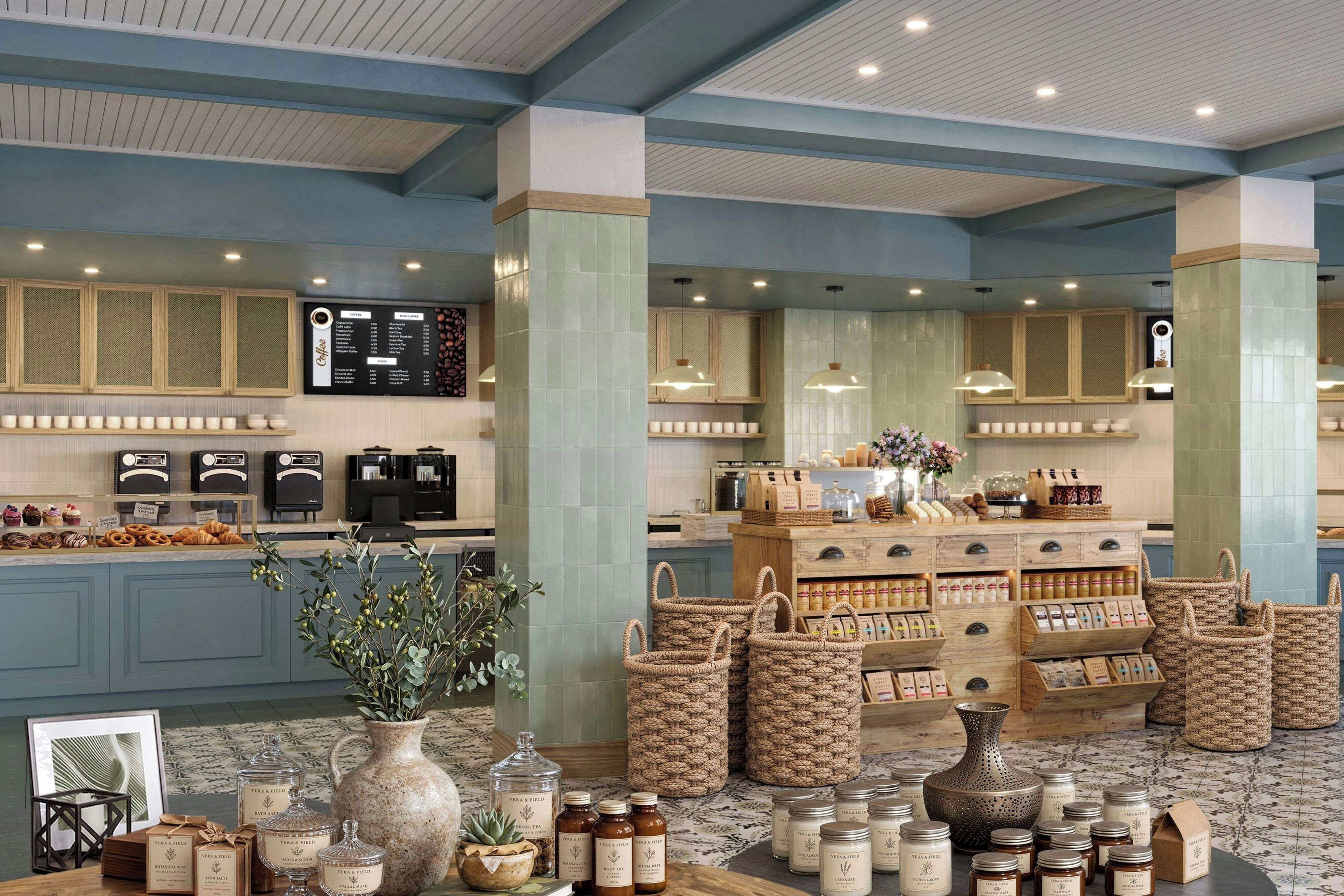 A café interior with a coffee menu, pastries, and a variety of tea and bath products.