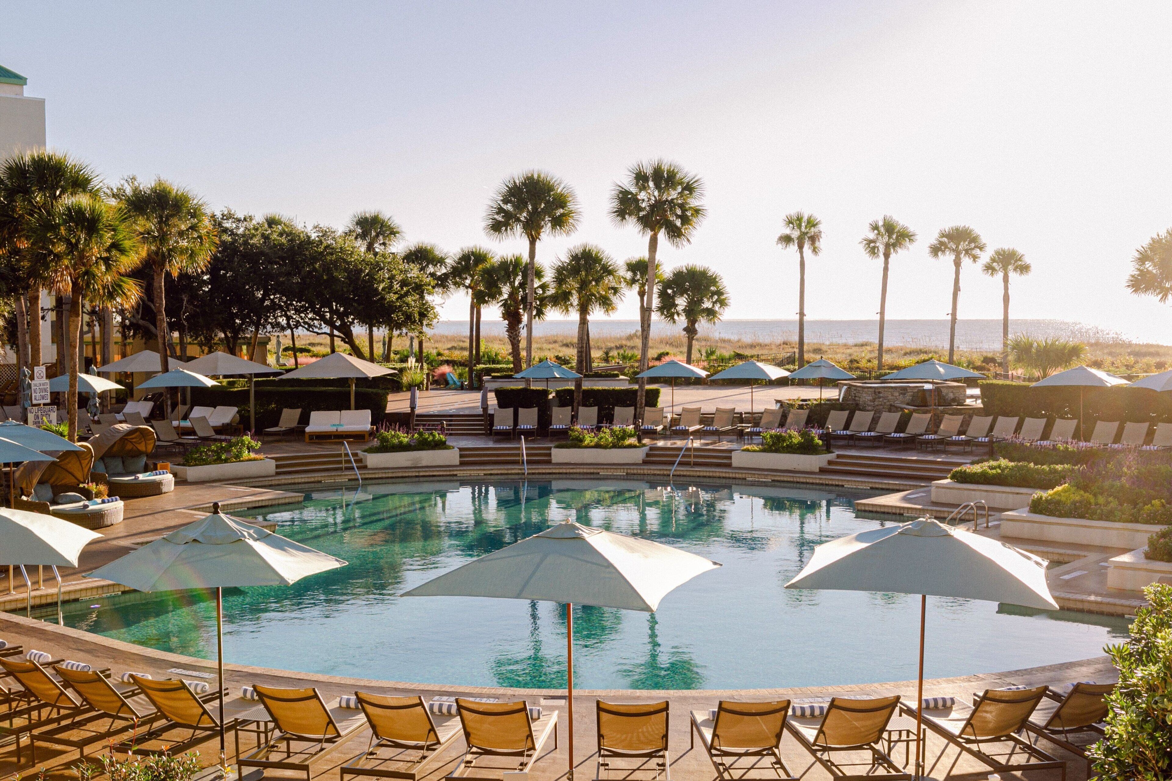 A pool area with lounge chairs and umbrellas, surrounded by palm trees and a view of the ocean.