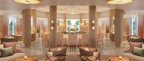 A spacious hotel lobby with a central bar, multiple seating areas, and large windows.