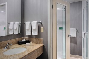 Combined shower/bathtub, free toiletries, hair dryer, towels