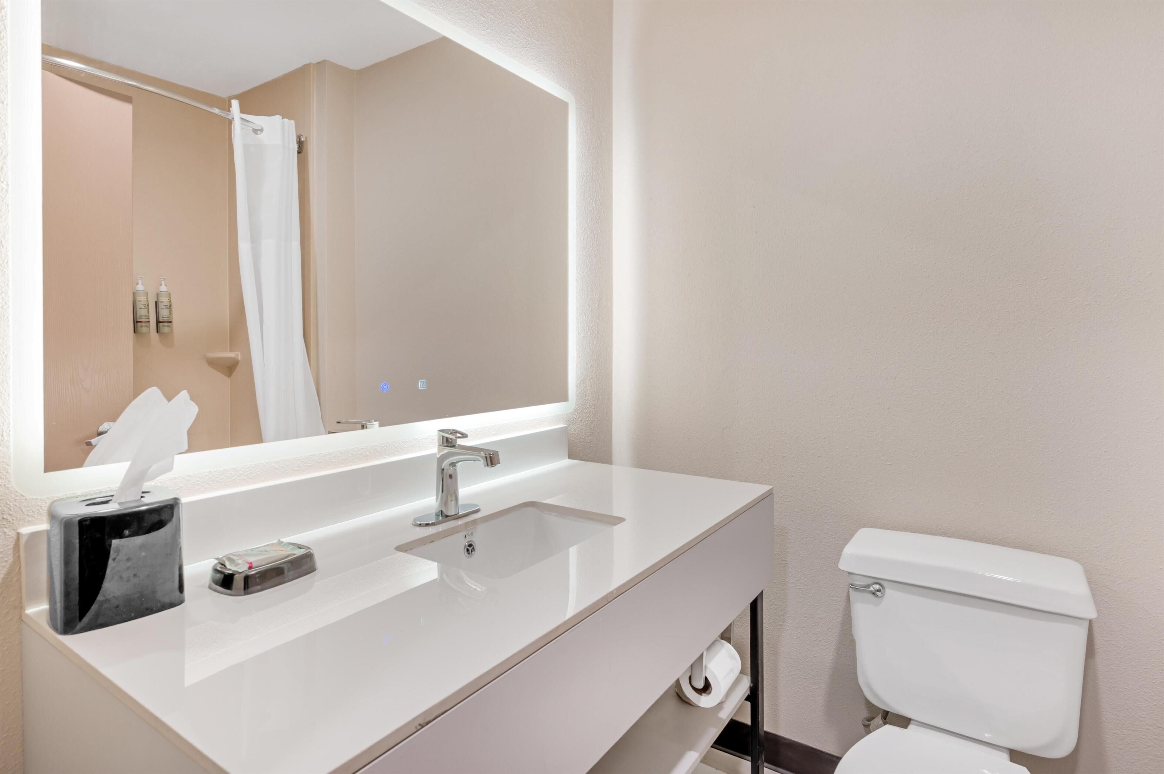 Un baño con lavamanos blanco, un espejo, inodoro y cortina de ducha.