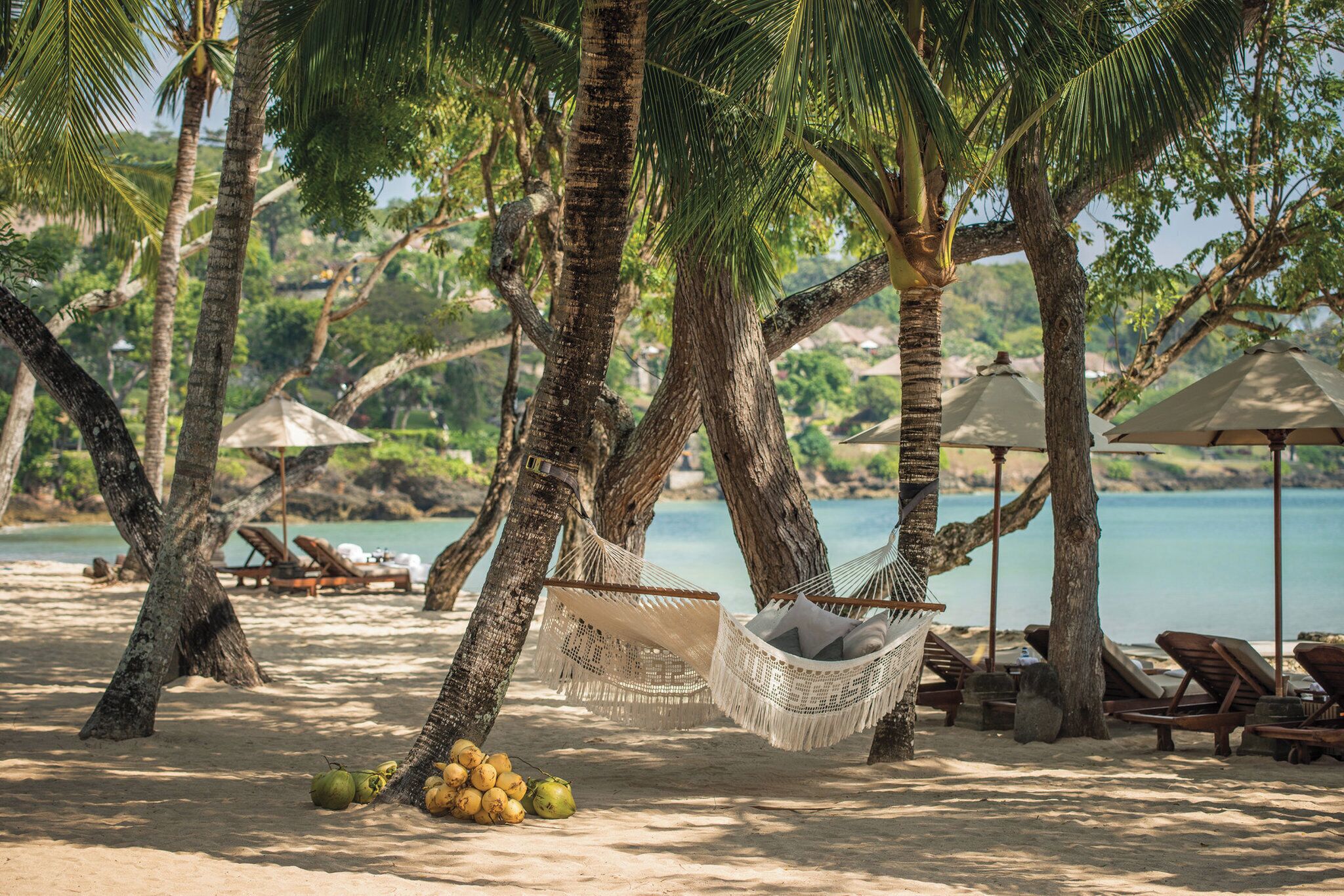 On the beach, beach cabanas, beach towels, beach bar