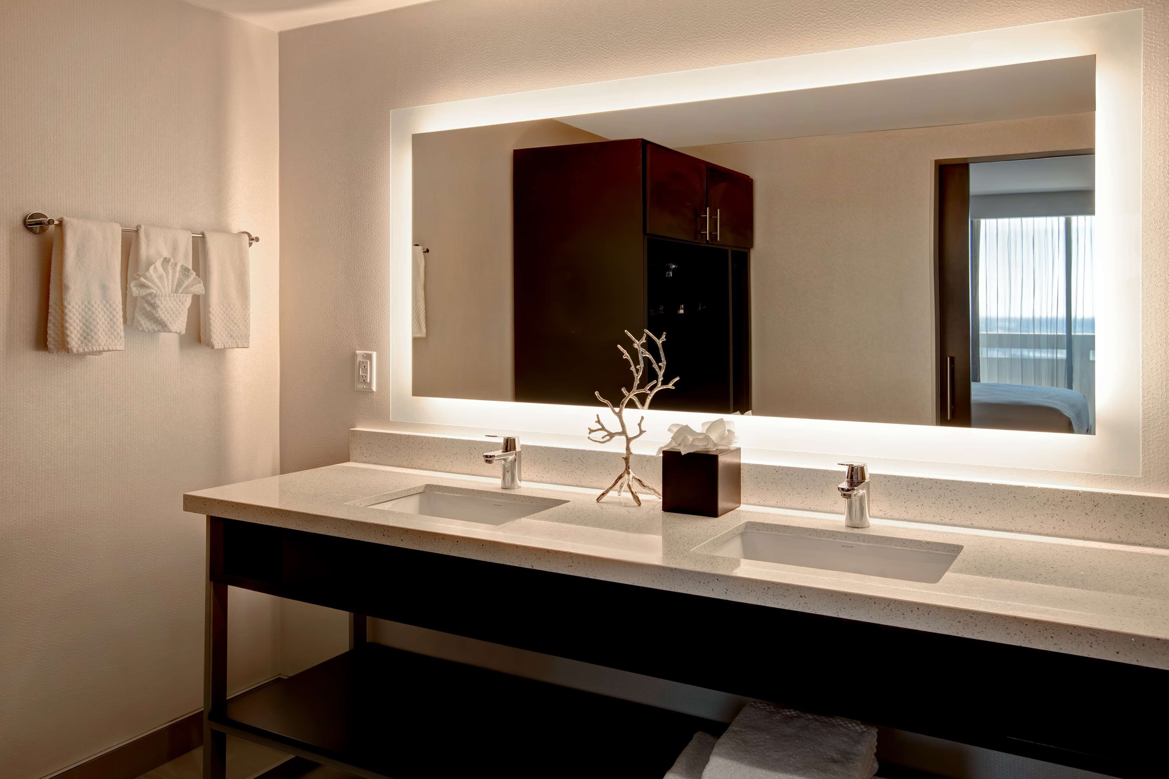 A modern bathroom with two sinks, a large mirror, and a dark cabinet.