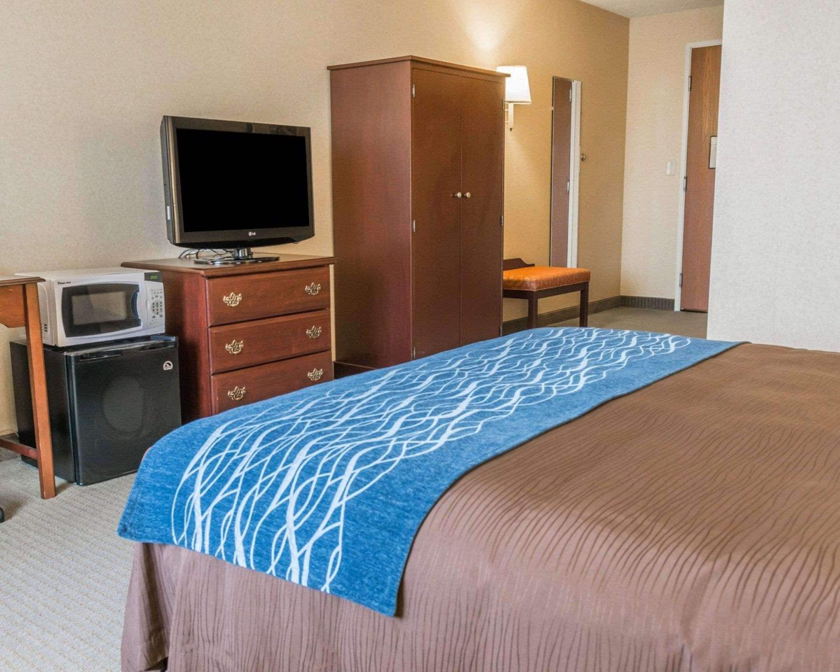 A hotel room with a bed, a television, a microwave, and a wardrobe.