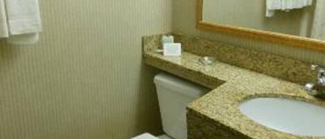 A bathroom with a toilet, sink, and mirror.