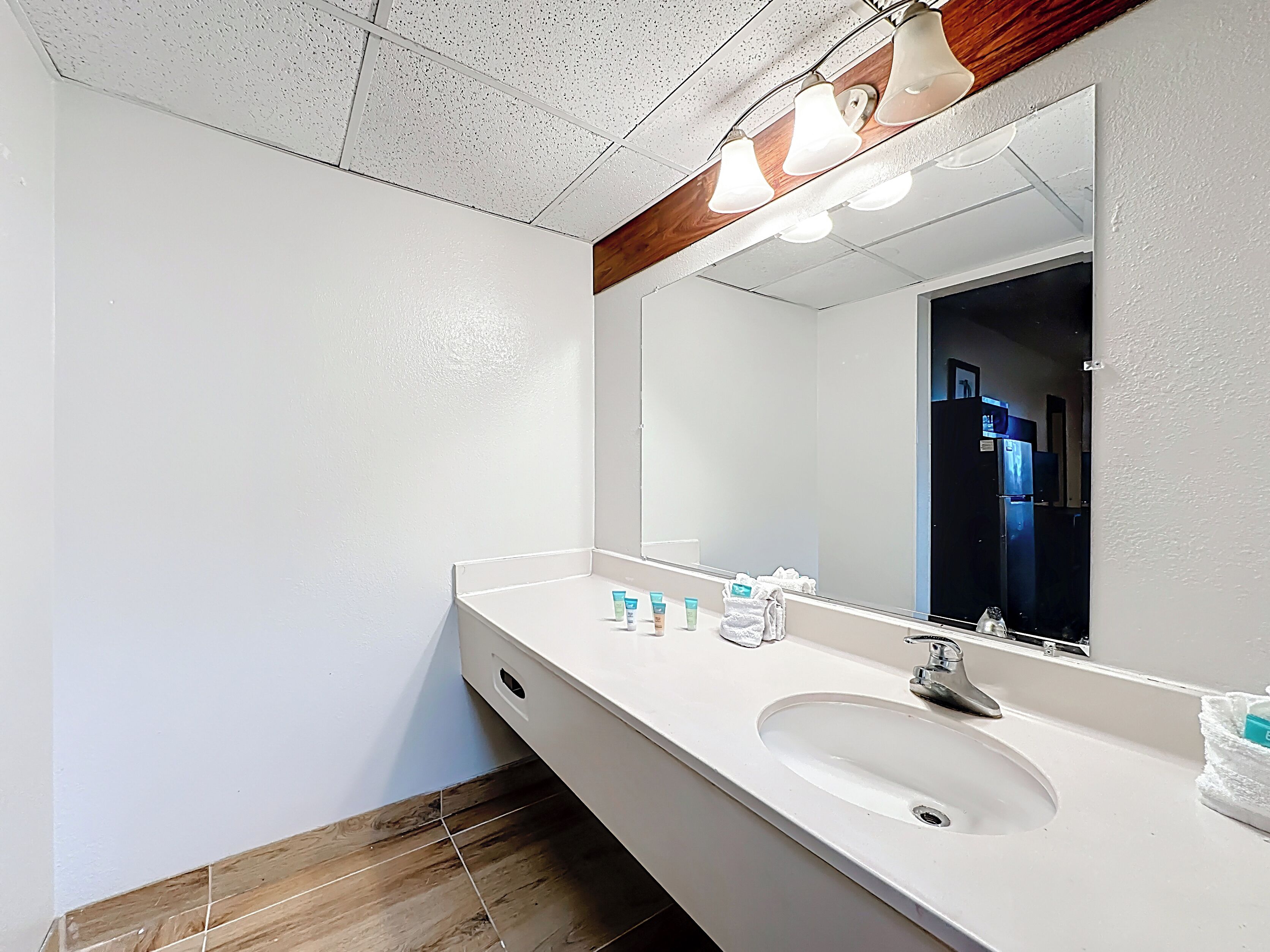 A modern bathroom with a white sink, a large mirror, and wooden flooring.