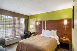 Relax in a spacious room with a large bed, desk, and comfortable chair.