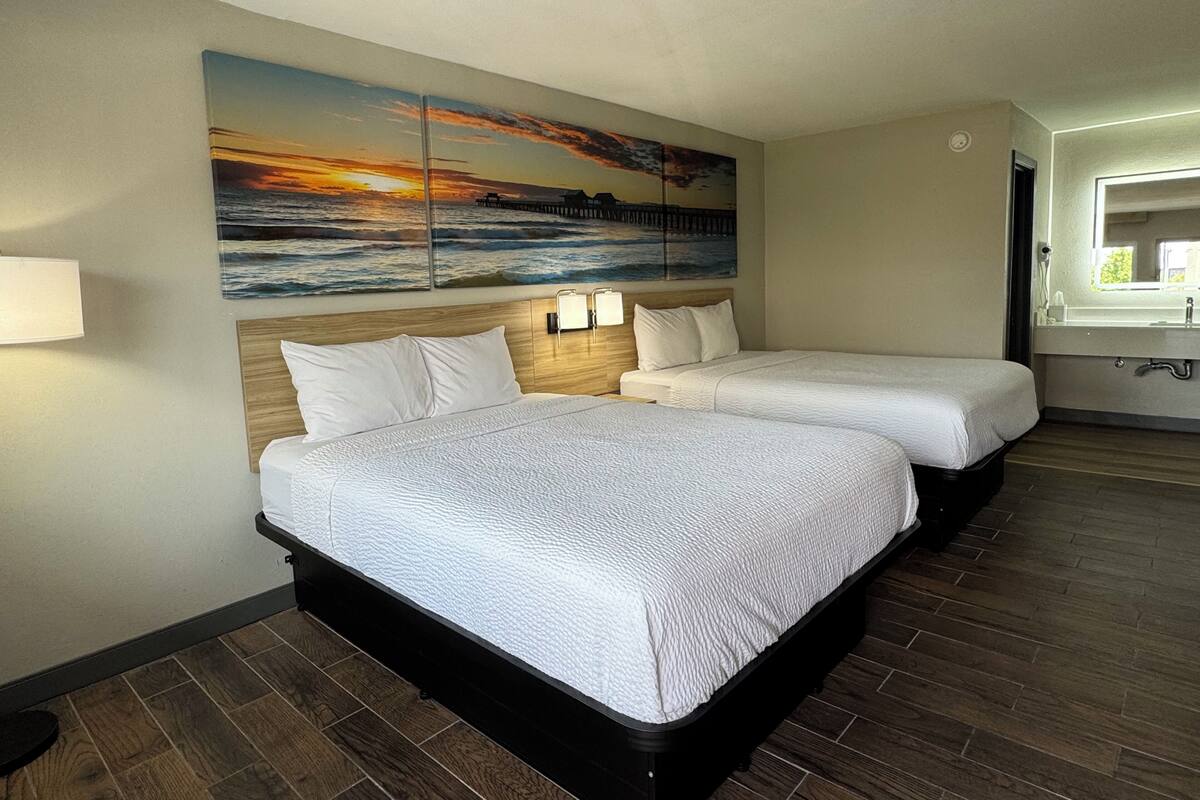 Room, 2 Queen Beds, Non Smoking | Desk, blackout drapes, WiFi (free), bed sheets