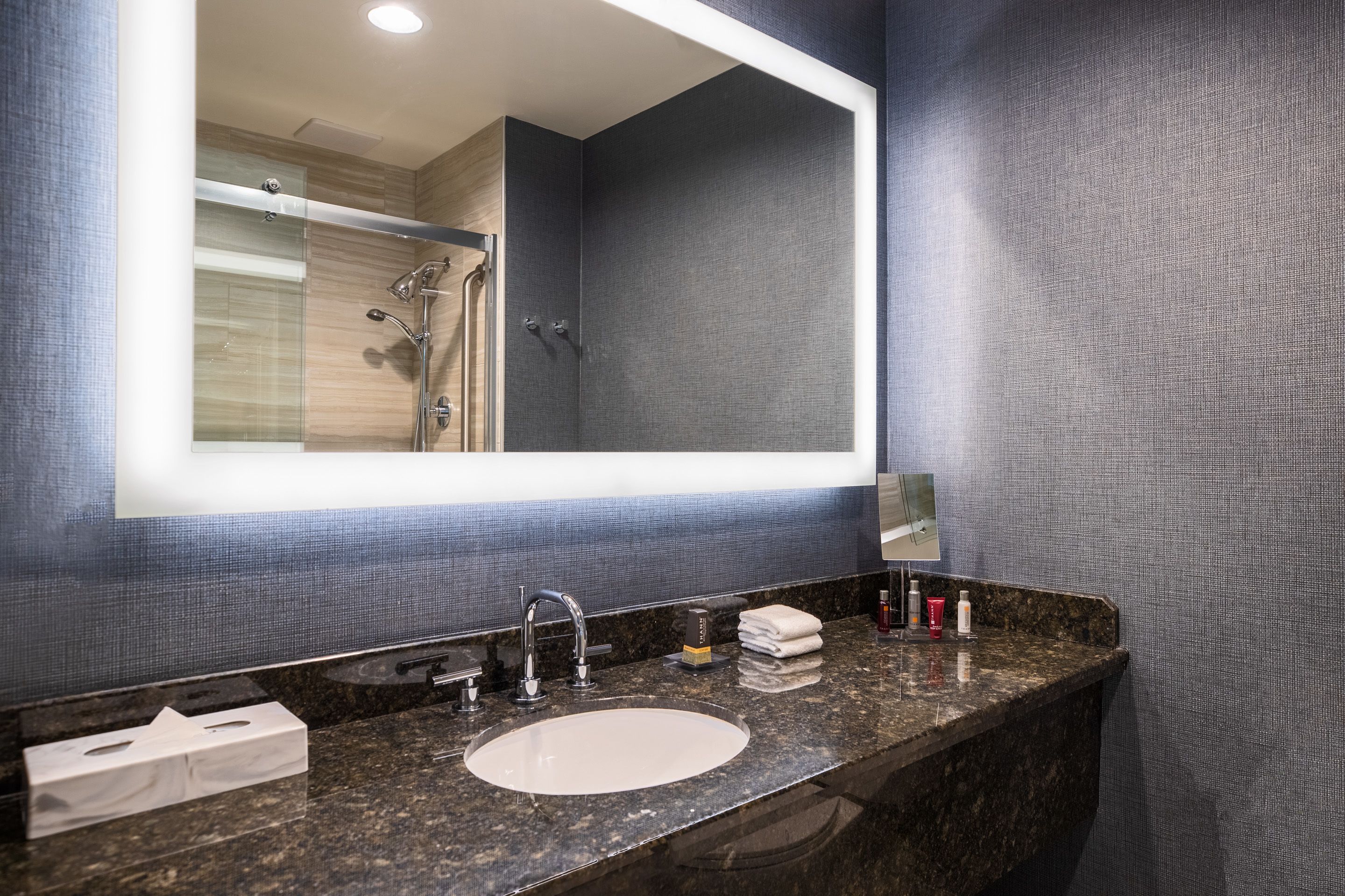 combined shower/bathtub, free toiletries, hair dryer, towels