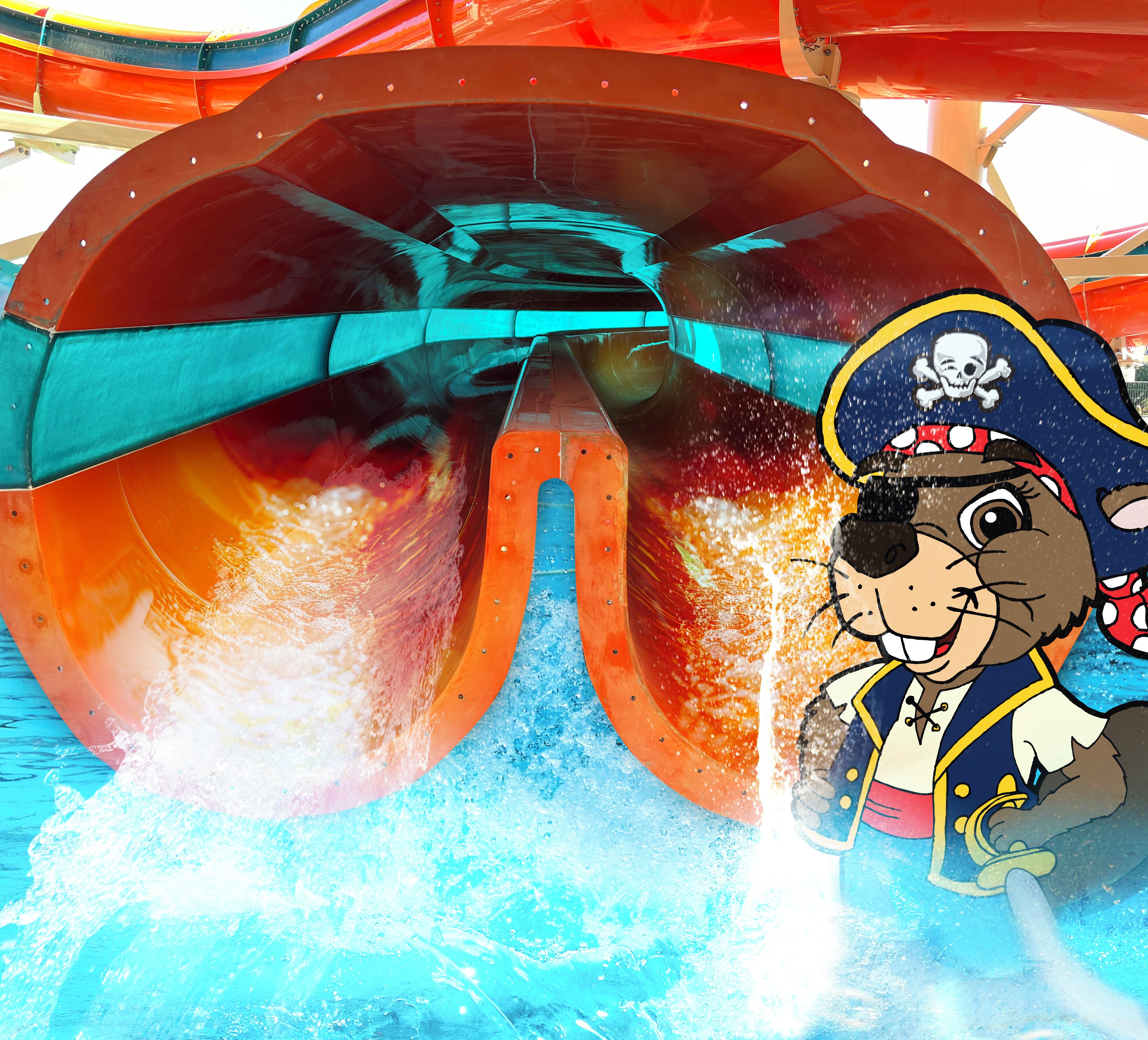 A water ride with a pirate-themed character and a large water wheel structure.