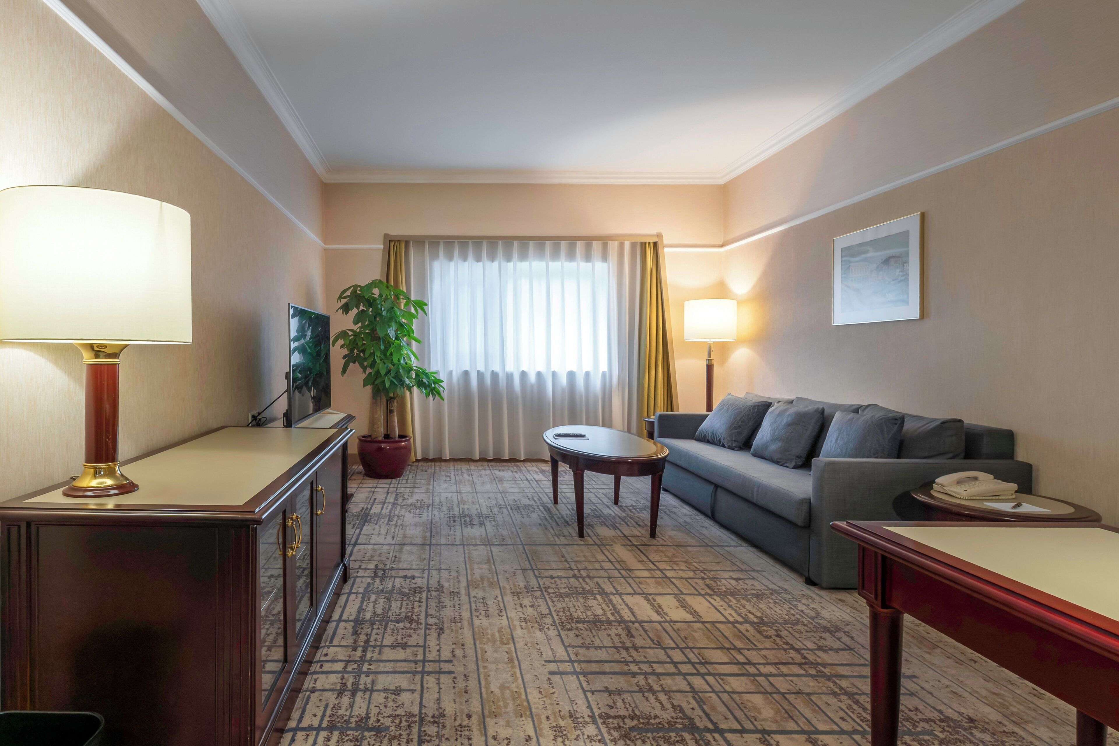 A hotel room with a sofa, a small table, a desk with a lamp, a potted plant, and a window with curtains.