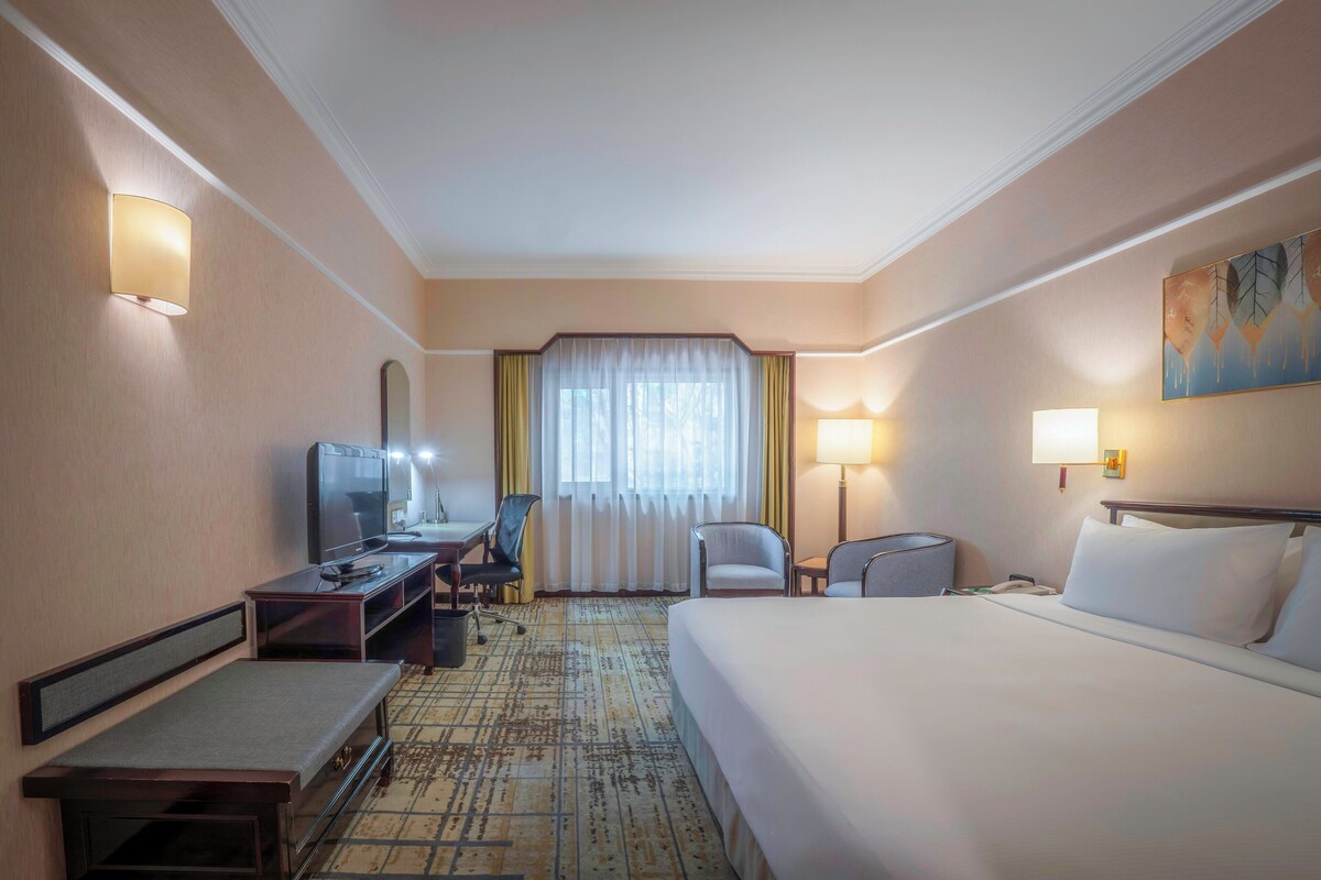 Habitación de hotel con cama, escritorio, silla, televisión y ventana con cortinas.