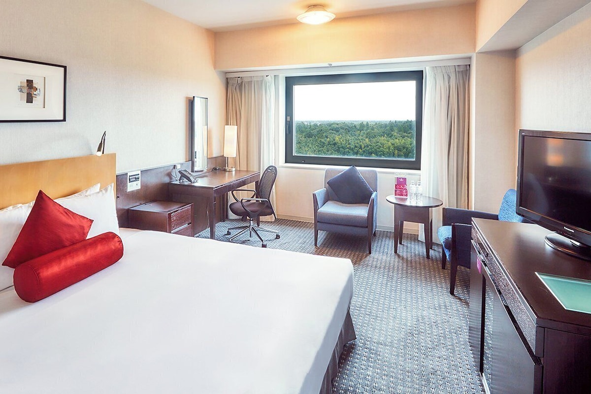 Een hotelkamer met een groot bed, een bureau, een stoel, een televisie en een raam met uitzicht op de omgeving.