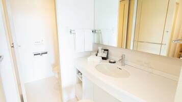 Un baño moderno con un lavabo grande, espejo e inodoro.