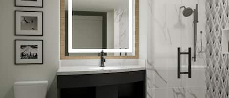 Une salle de bain moderne équipée de toilettes, d’un meuble-lavabo, d’un miroir, d’une douche et d’un rideau de douche à motifs.
