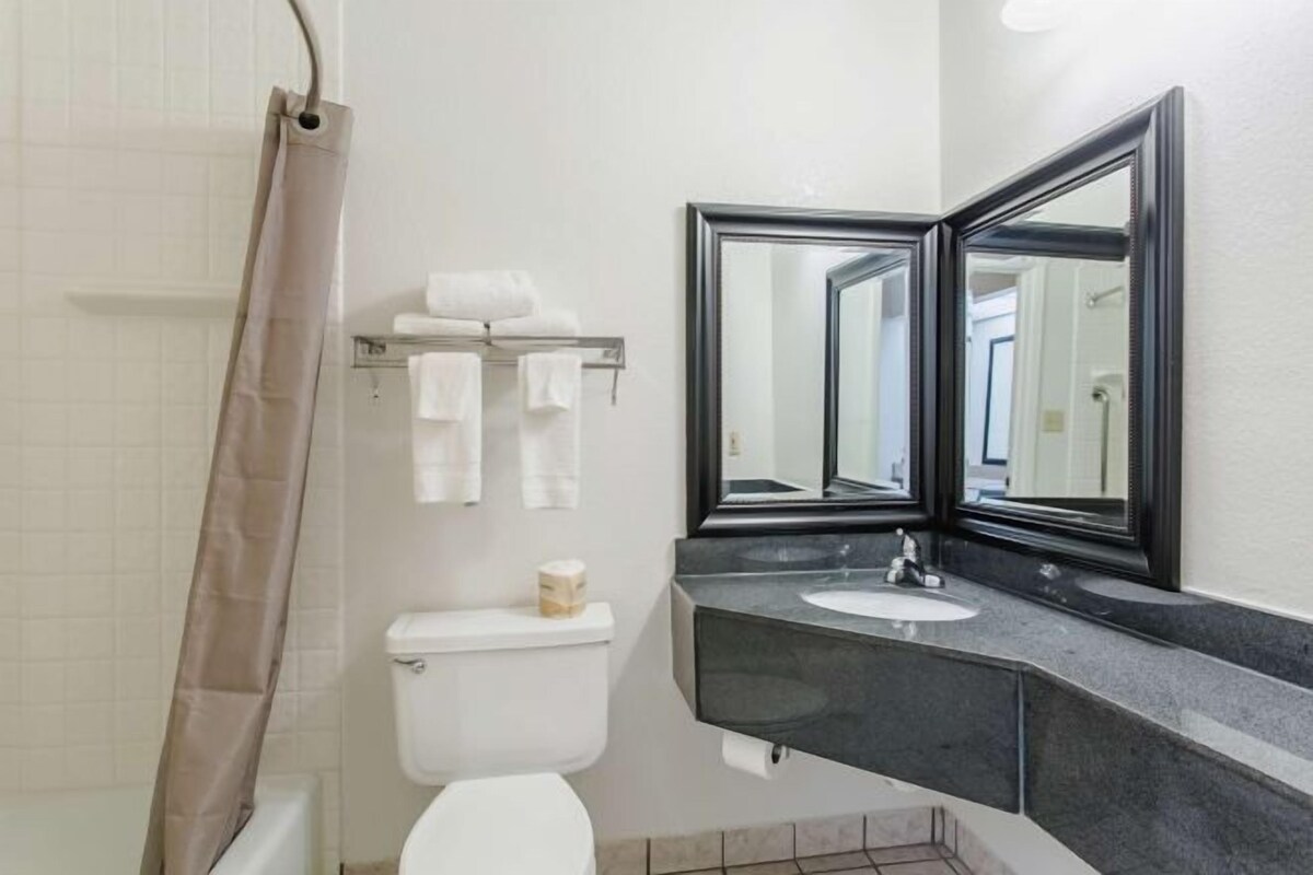 A bathroom with a toilet, sink, and mirror.