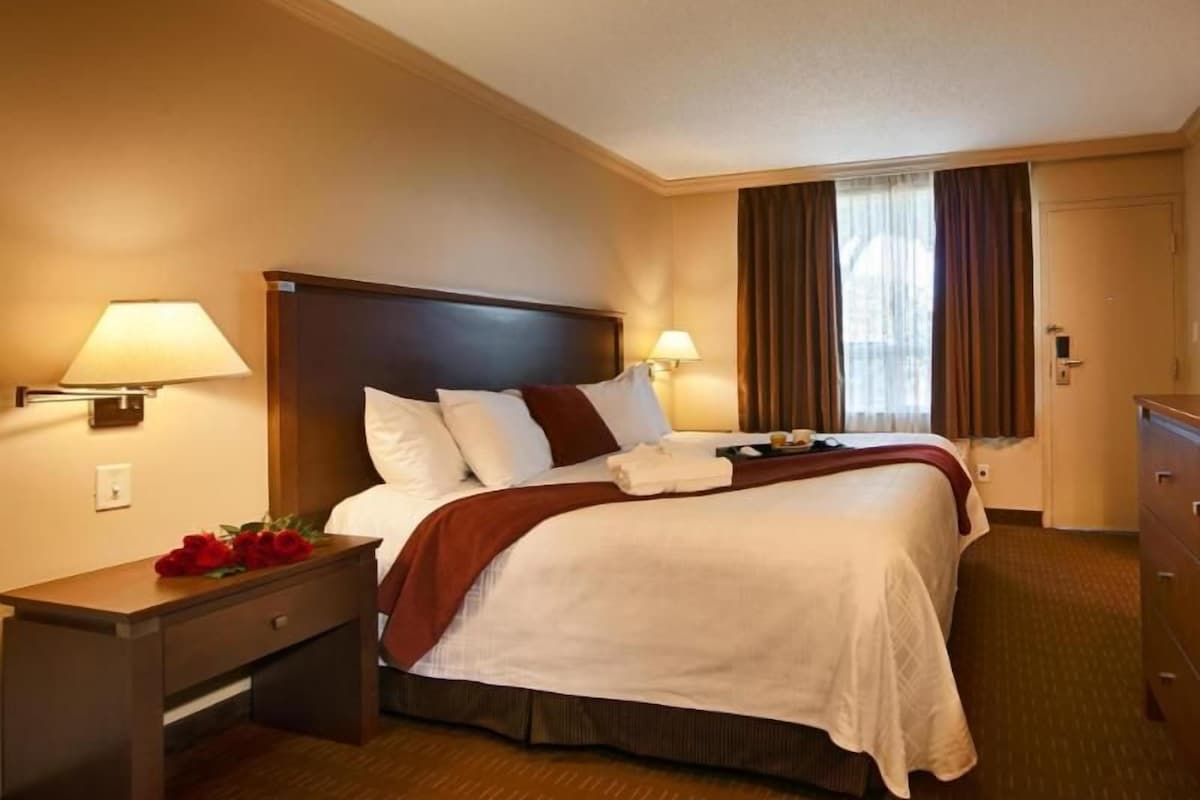 Una habitación de hotel con cama, lámparas de noche, cómoda y ventana con cortinas.