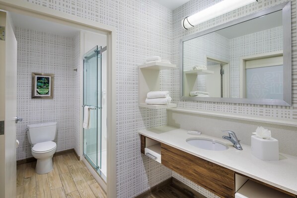 A modern bathroom with a toilet, glass shower, and a vanity with a sink and mirror.