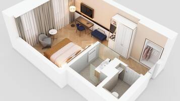 A 3D model of a hotel room with a bed, seating area, desk, wardrobe, and bathroom.