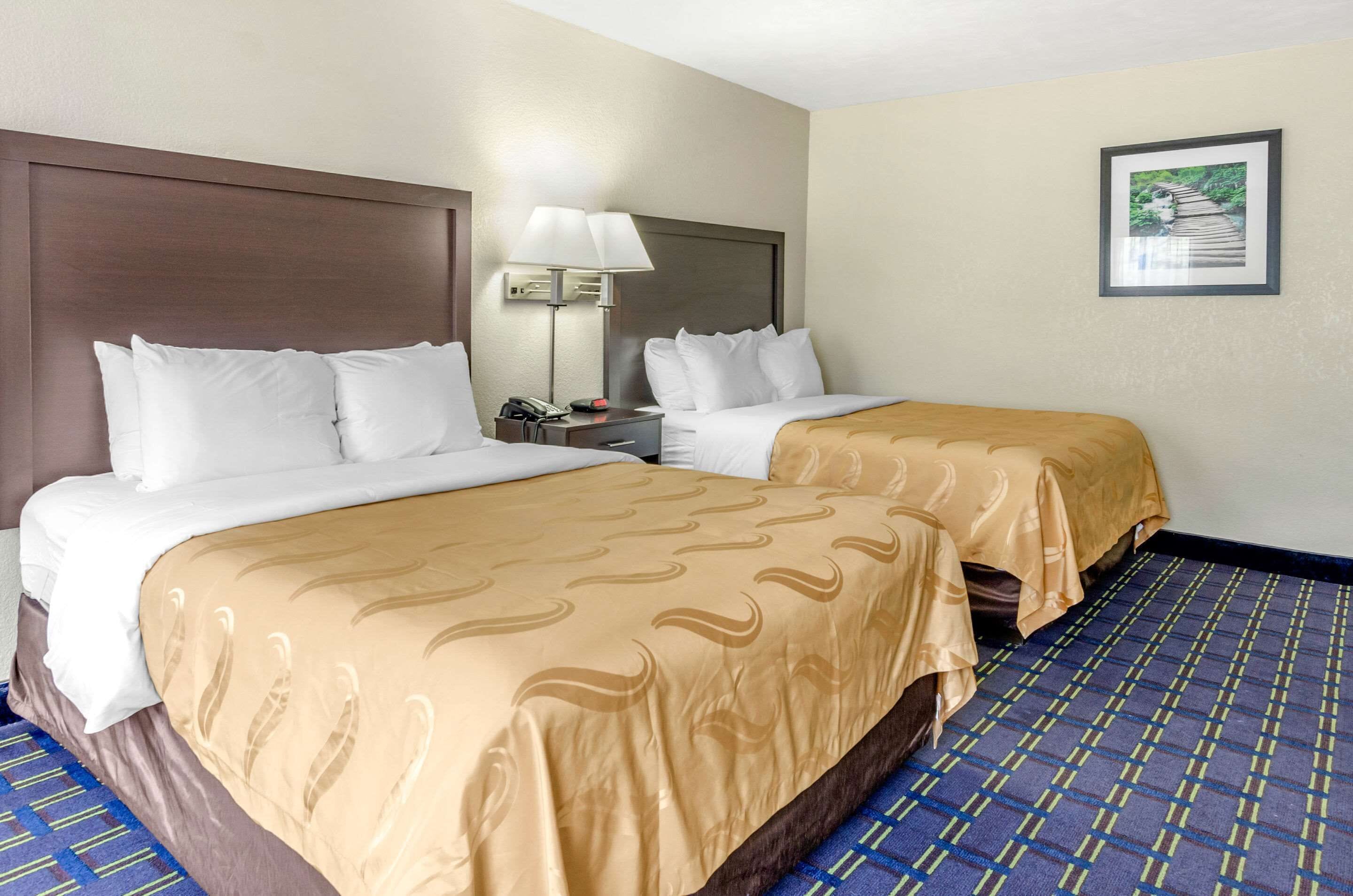 A hotel room with two beds, a nightstand, a lamp, and a framed picture on the wall.