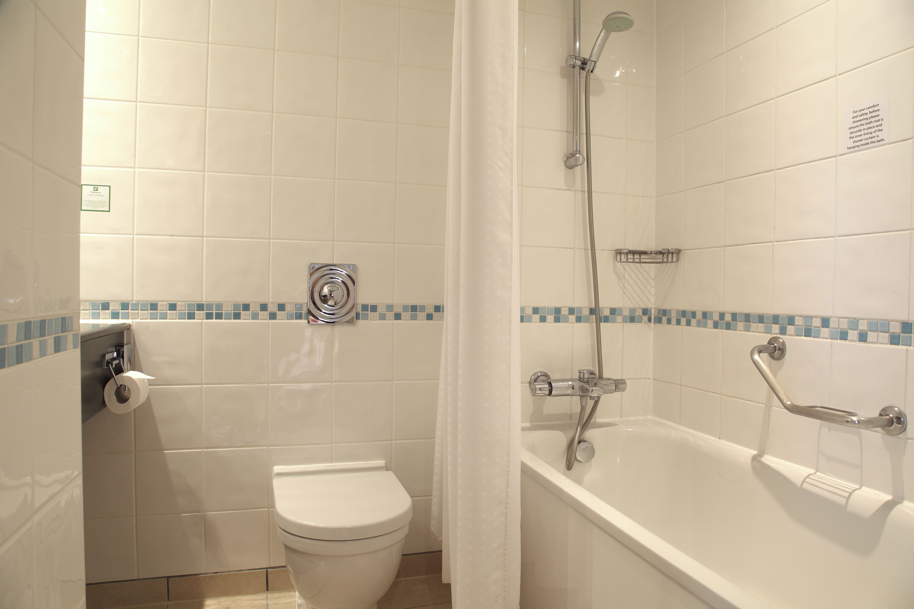 A bathroom with a toilet, a shower with a grab bar, and a bathtub.