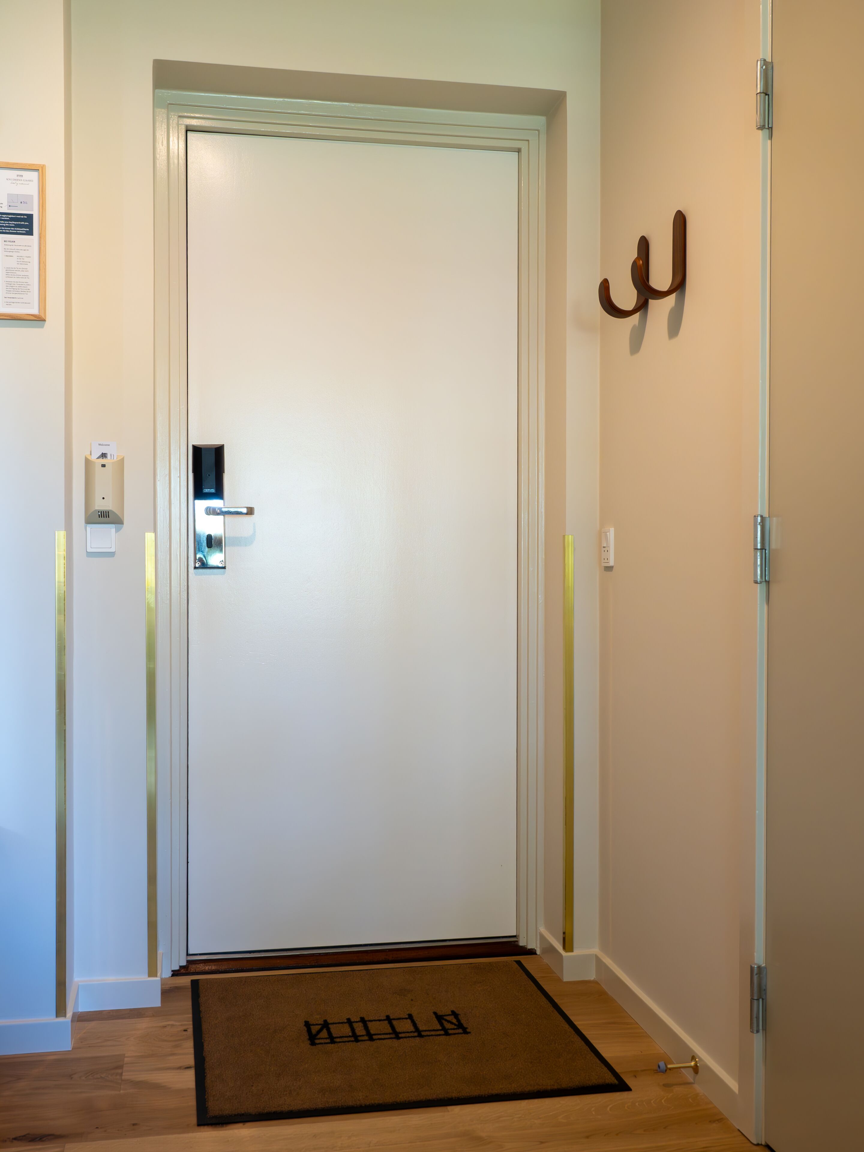 A hotel entrance with a white door, a doormat, a wall-mounted coat hook, and a wall-mounted light switch.