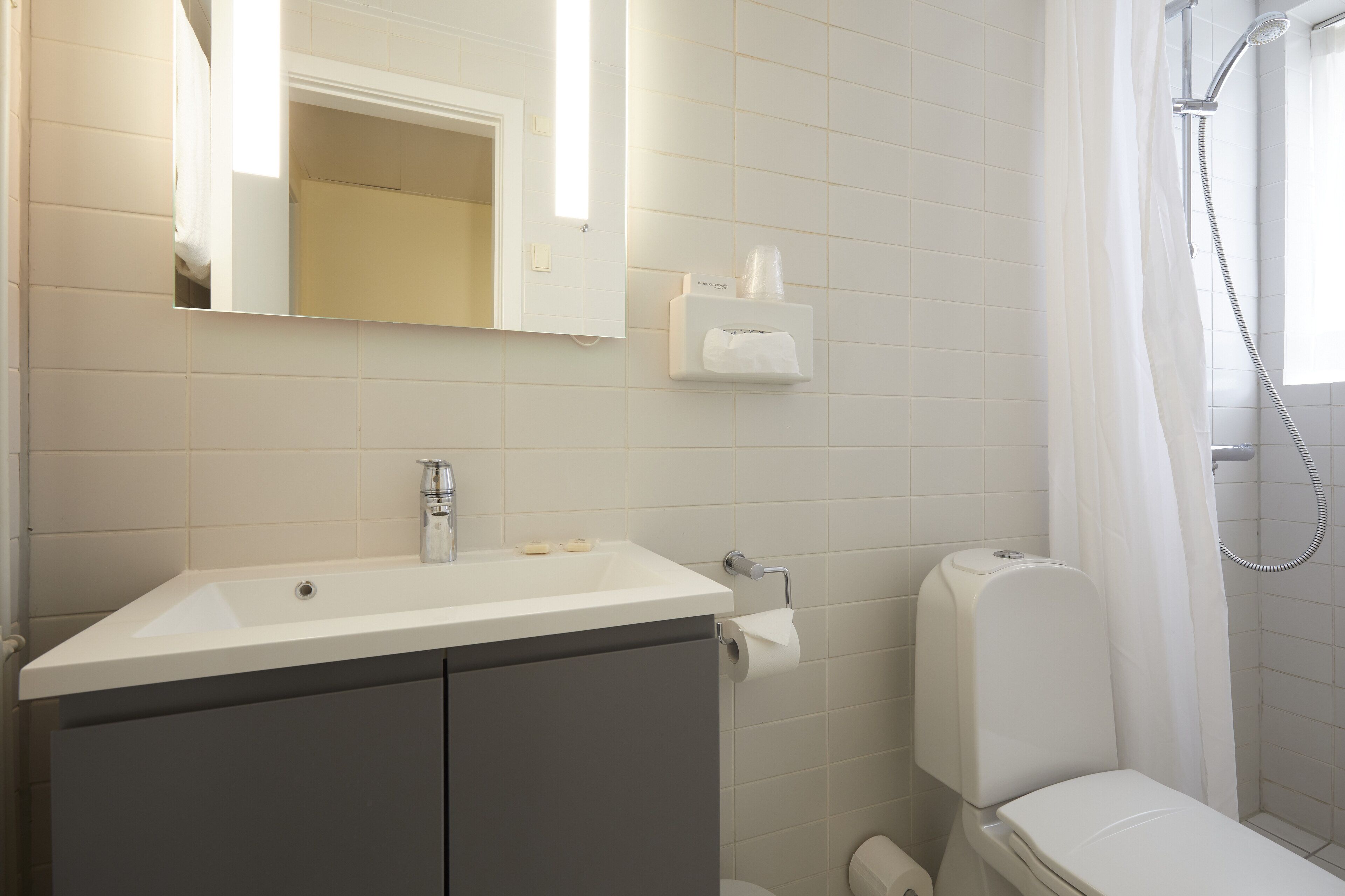 Une salle de bain équipée d’un lavabo, d’un miroir, de toilettes et d’une douche.