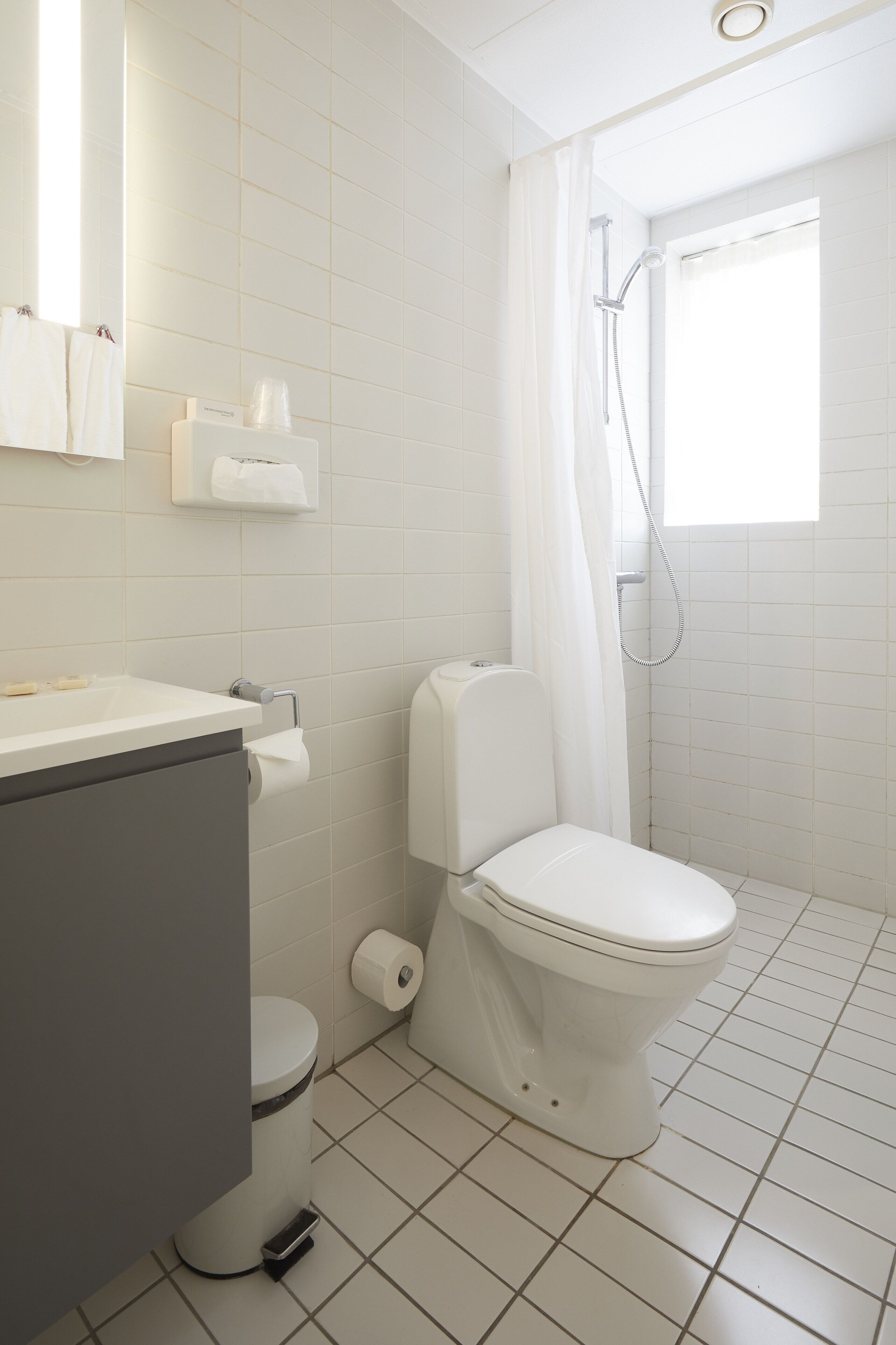 A bathroom with a toilet, a sink, a shower, and a window.