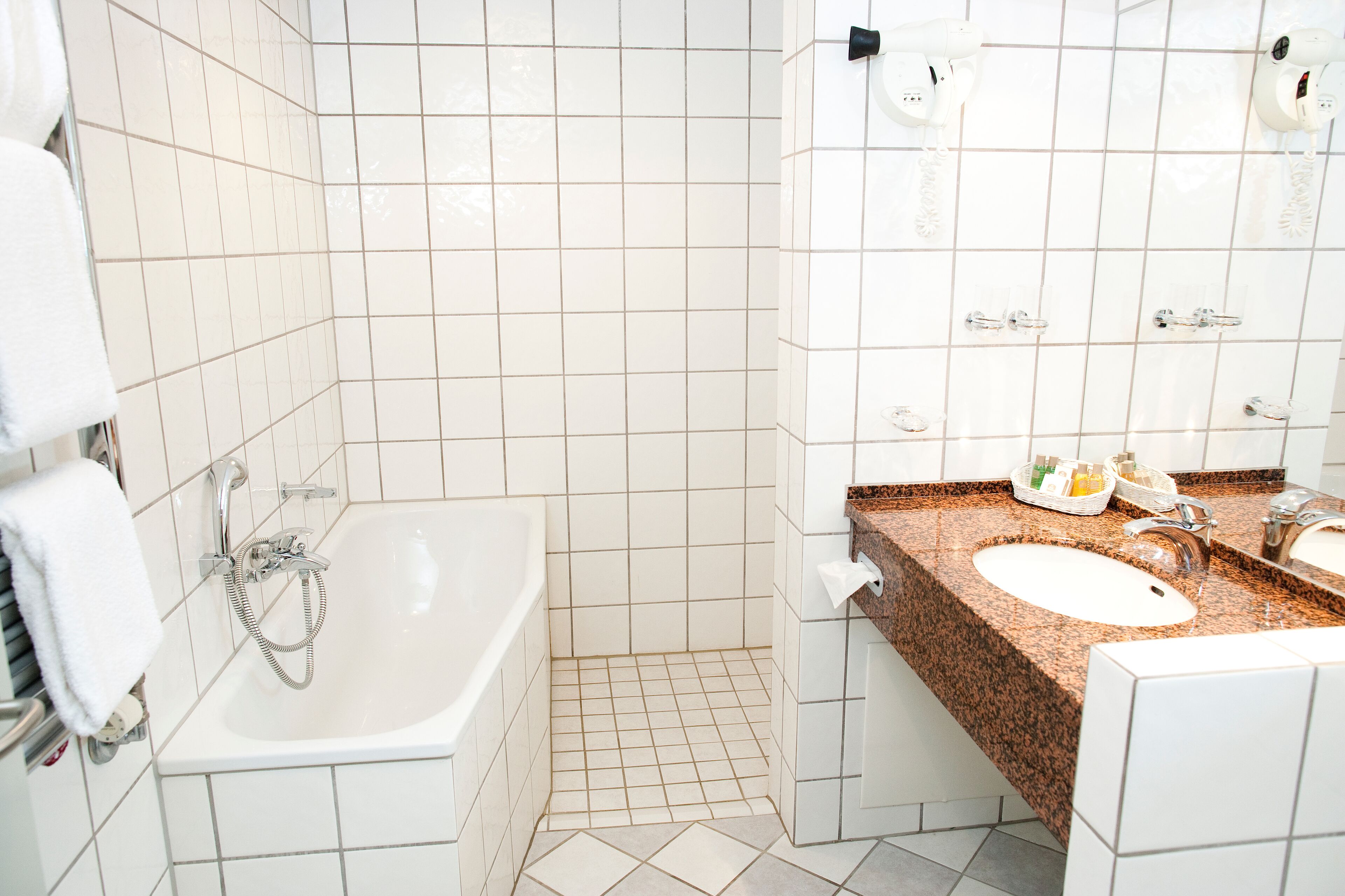 free toiletries, hair dryer, towels, soap