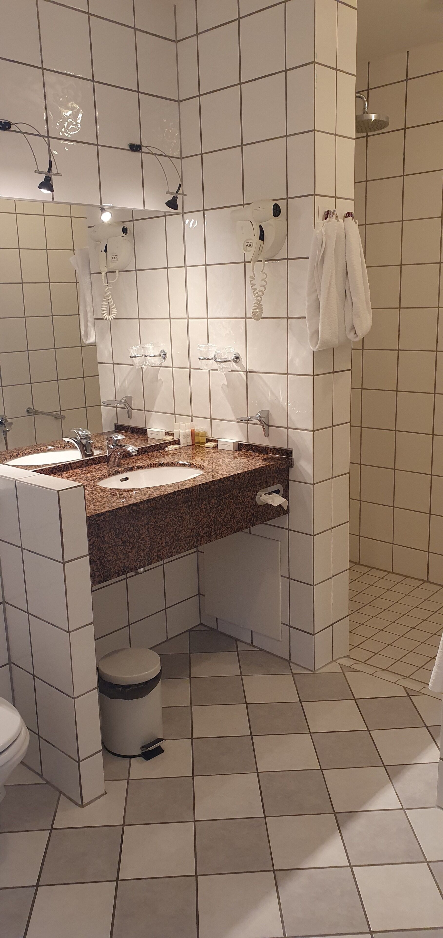 Un baño con lavamanos, espejo, toallero y ducha.