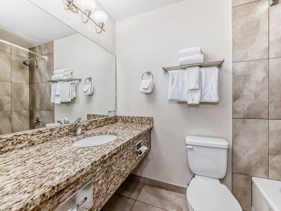 Une salle de bain moderne avec un comptoir en granit, un lavabo, des toilettes et une douche.