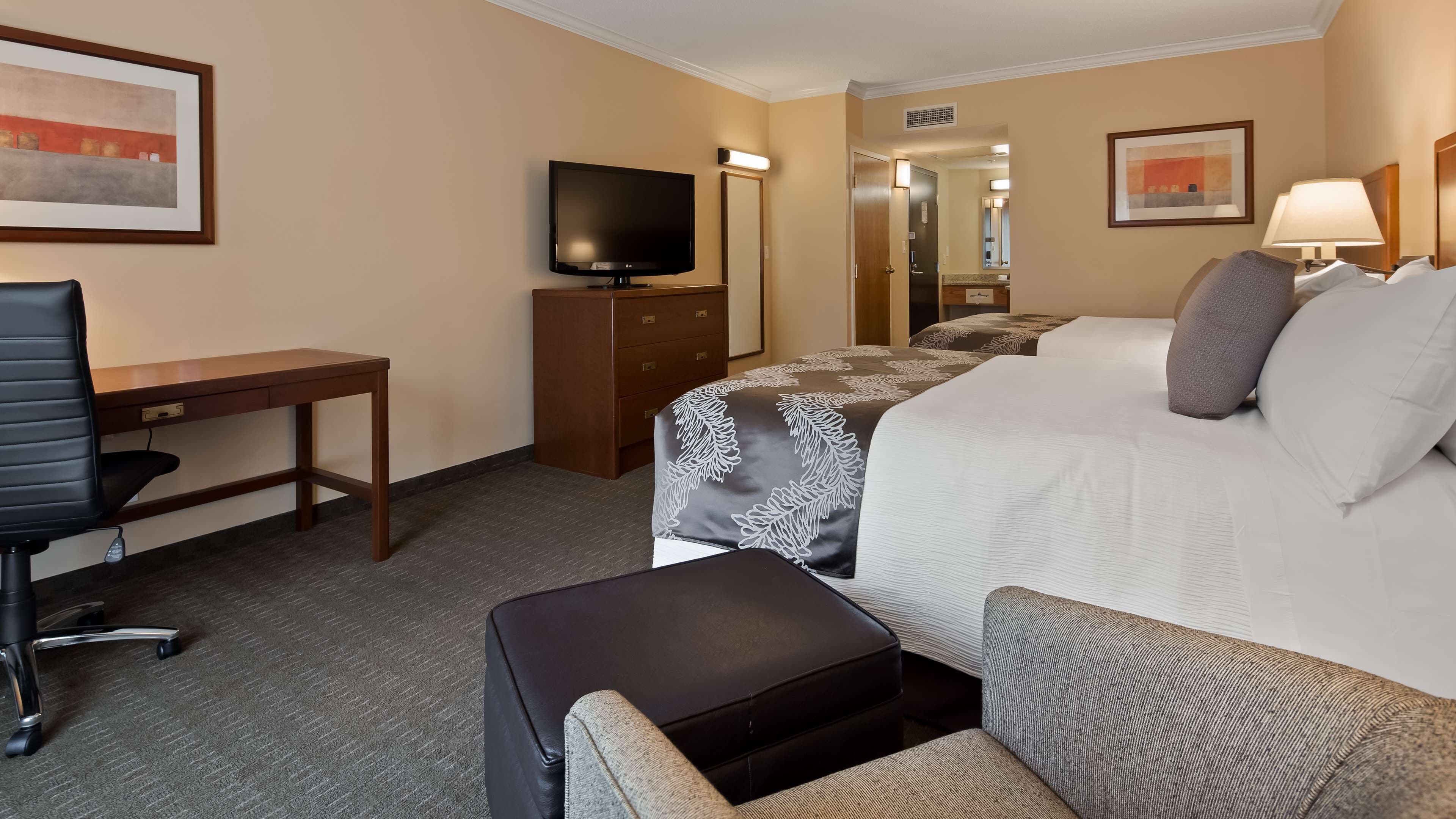 A hotel room with a bed, a desk, a chair, a TV, and a lamp.