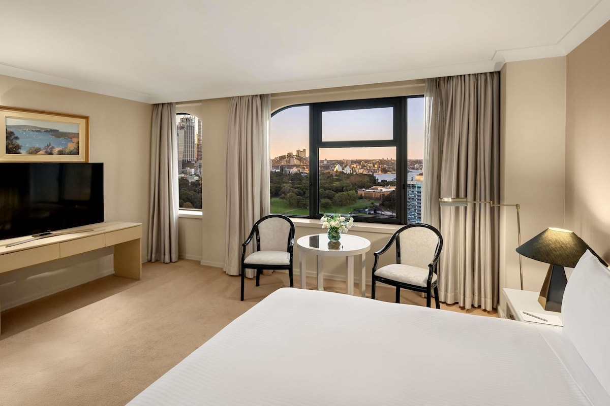 A hotel room with a bed, a TV, two chairs, a small table with a vase, and a view of a cityscape through large windows.