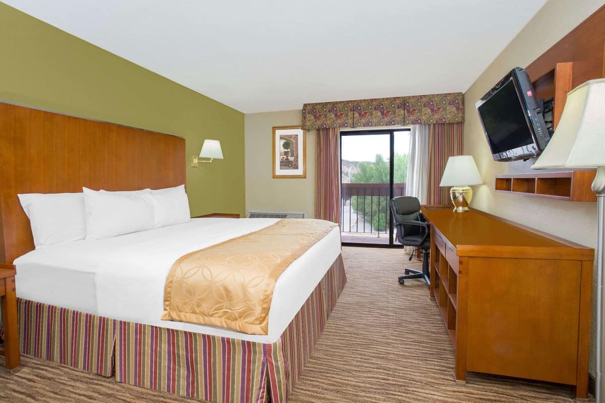 A hotel room with a large bed, a desk, a chair, a television, and a window with a view.