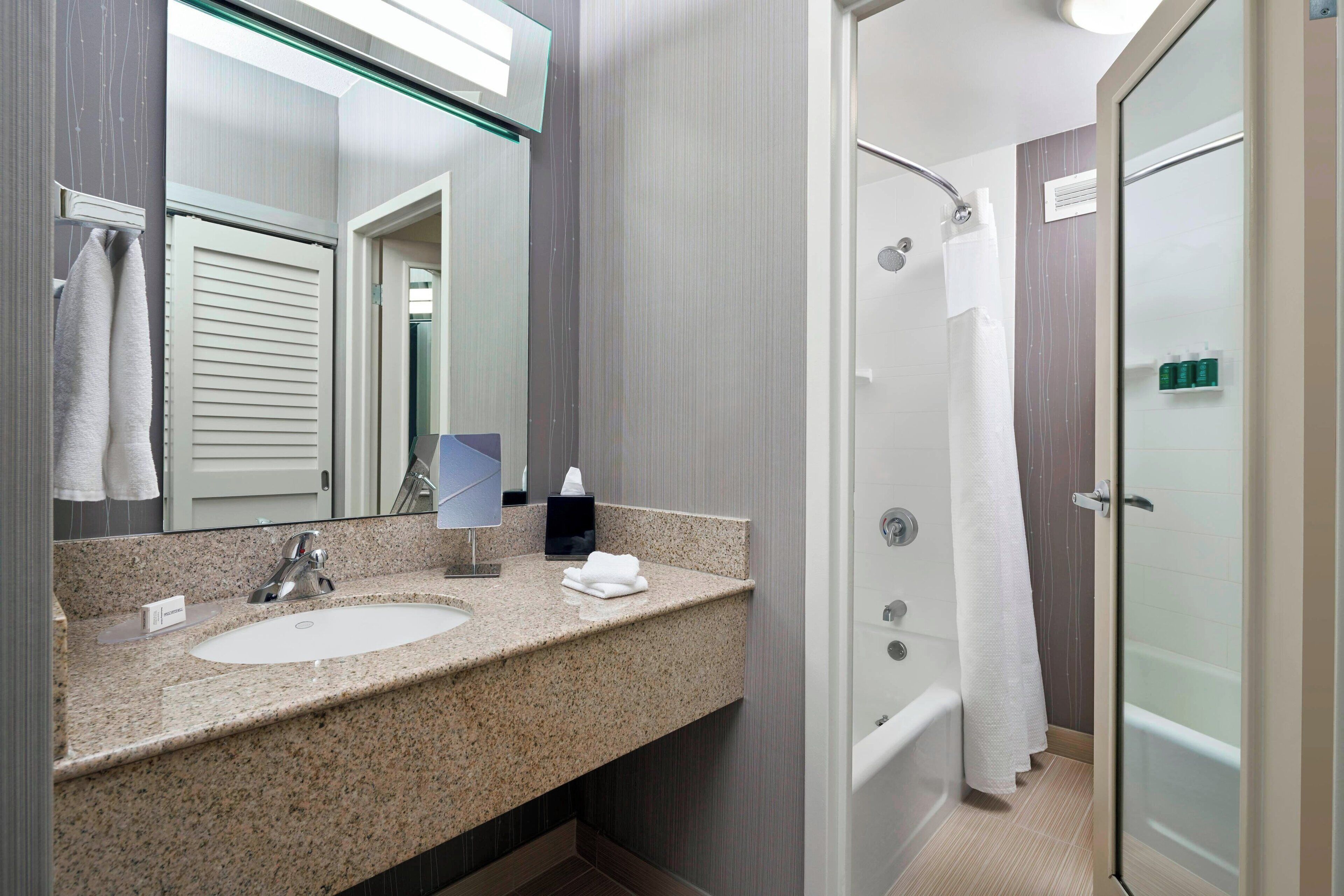 combined shower/bathtub, free toiletries, hair dryer, towels