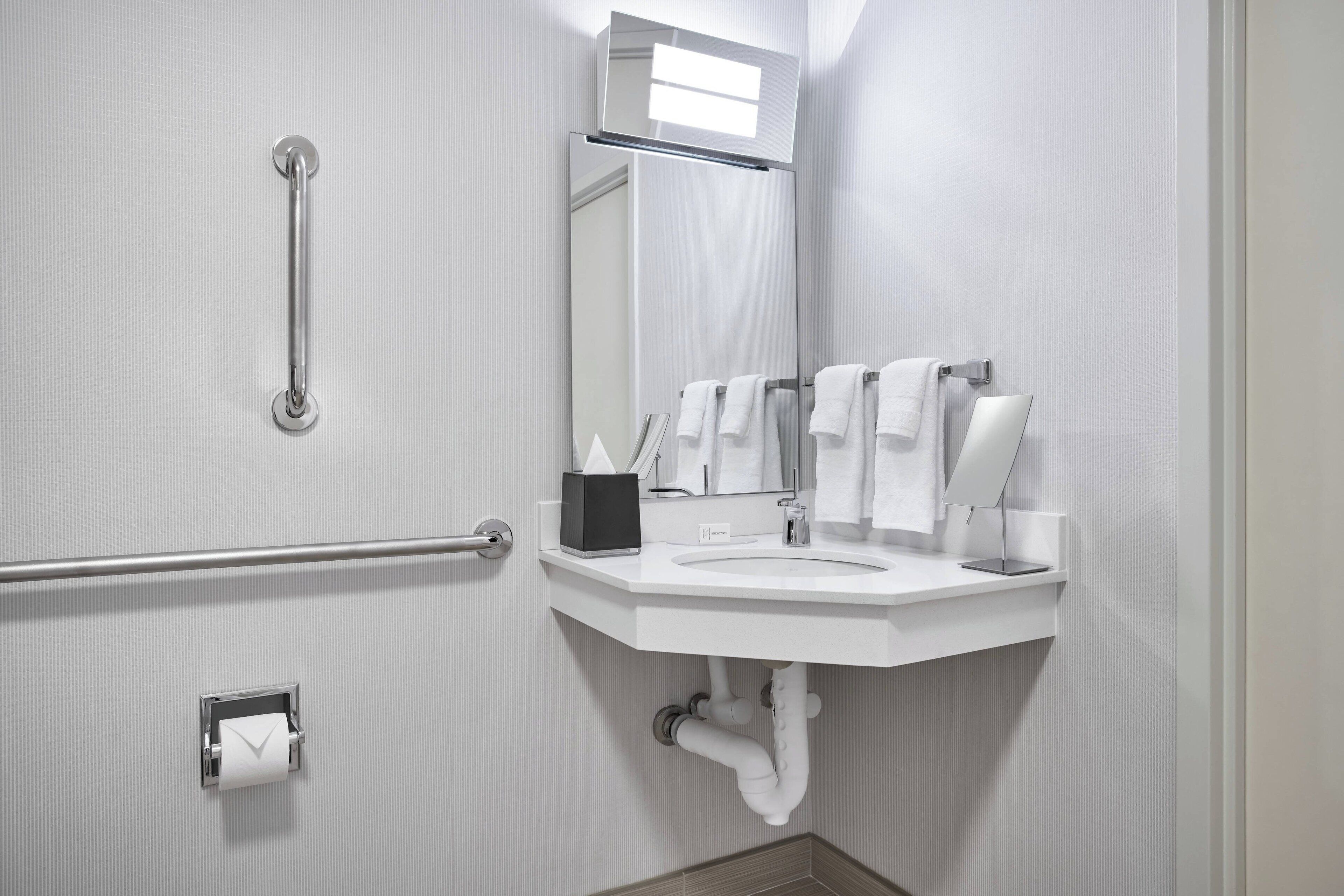 combined shower/bathtub, free toiletries, hair dryer, towels