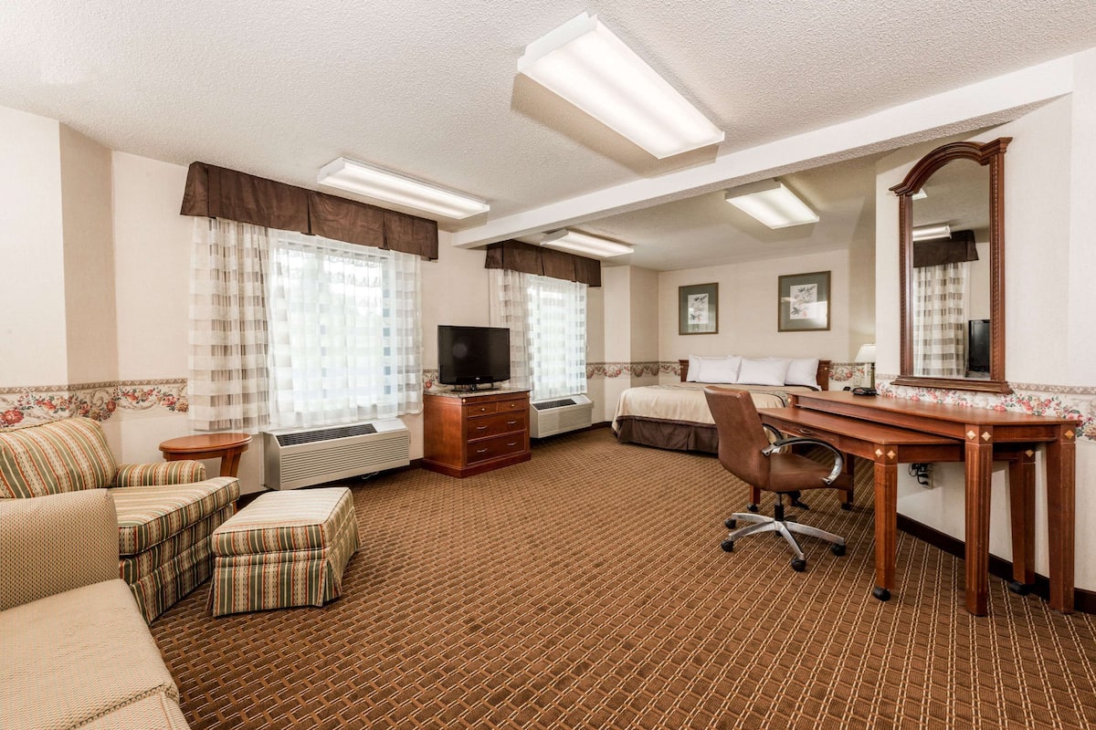 Habitación de hotel con sofá, escritorio y silla, televisor, cómoda y un espejo grande.