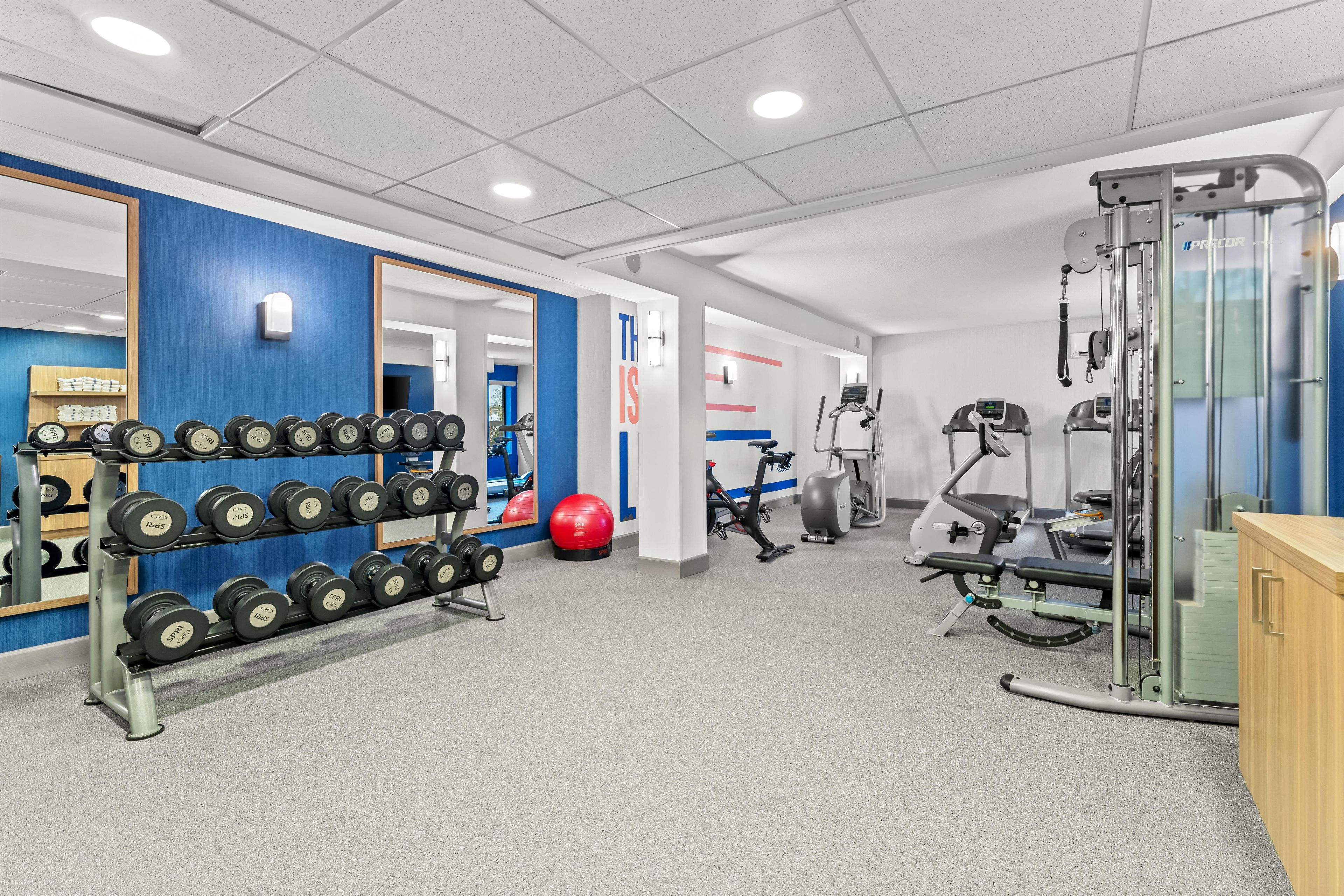 Une salle de sport équipée de divers appareils d’exercice, notamment des haltères, un ballon d’exercice rouge et des appareils de cardio-training.