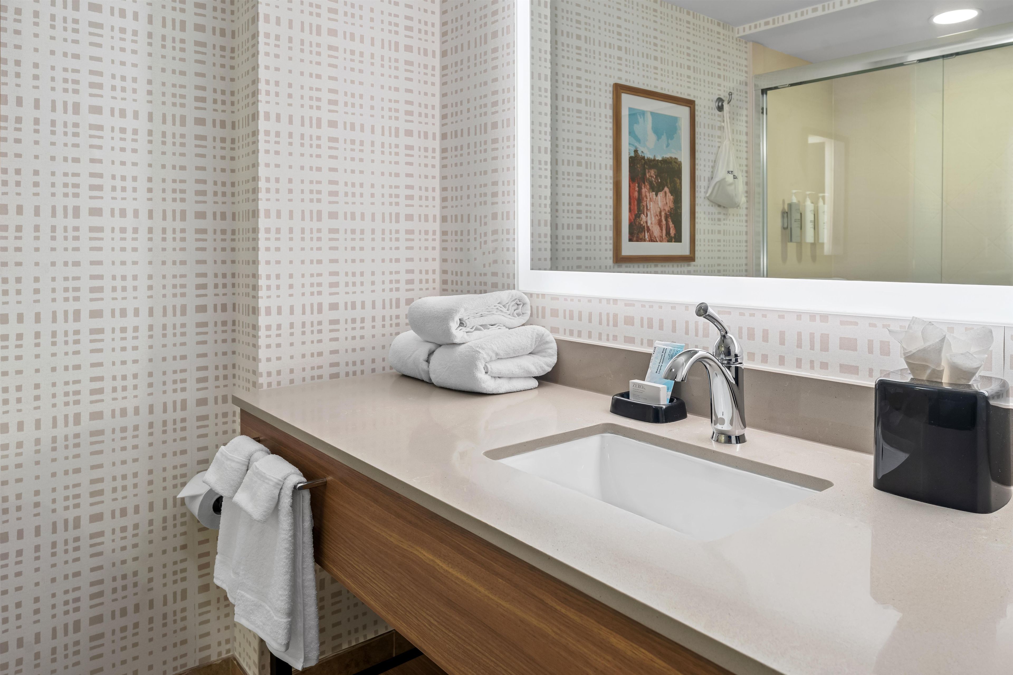 Une salle de bain équipée d’un lavabo, d’un porte-serviettes et d’un miroir.