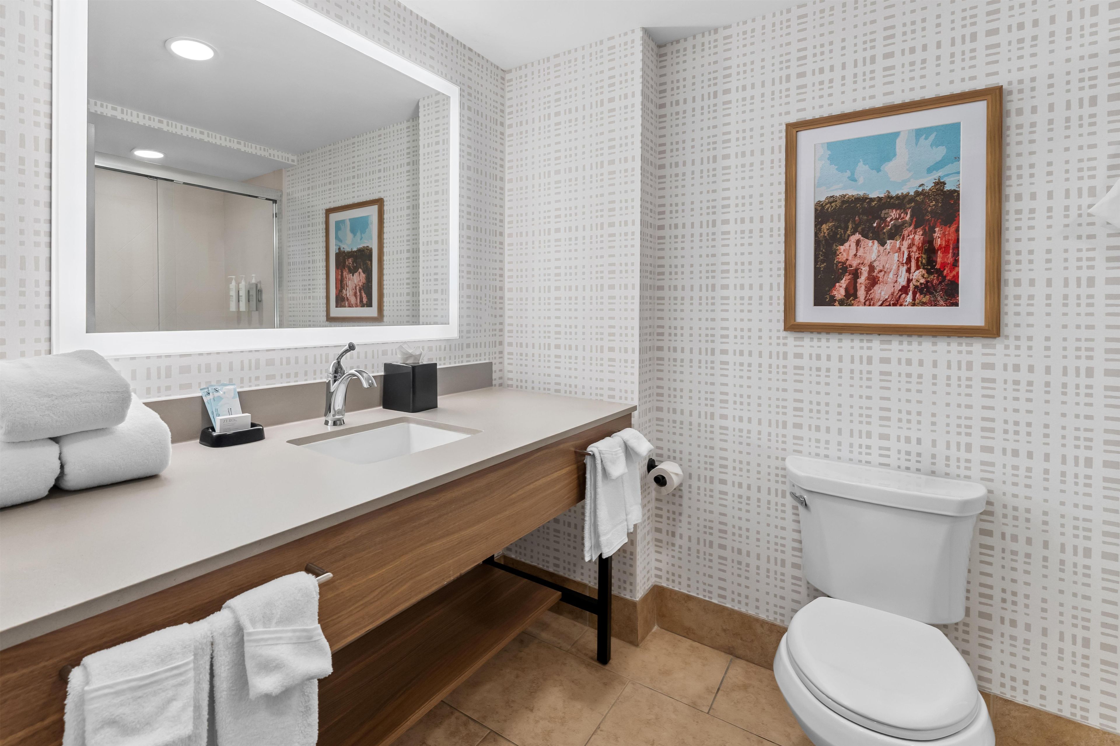 A modern bathroom with a wooden vanity, a sink, a mirror, a toilet, and a framed picture on the wall.