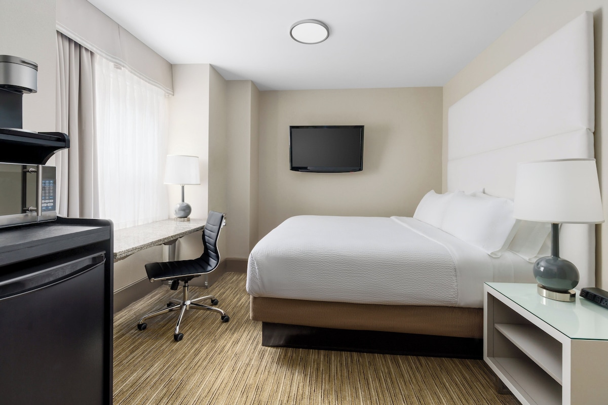 Camera d'albergo con un letto, una scrivania, una sedia, TV e macchina per il caffè.