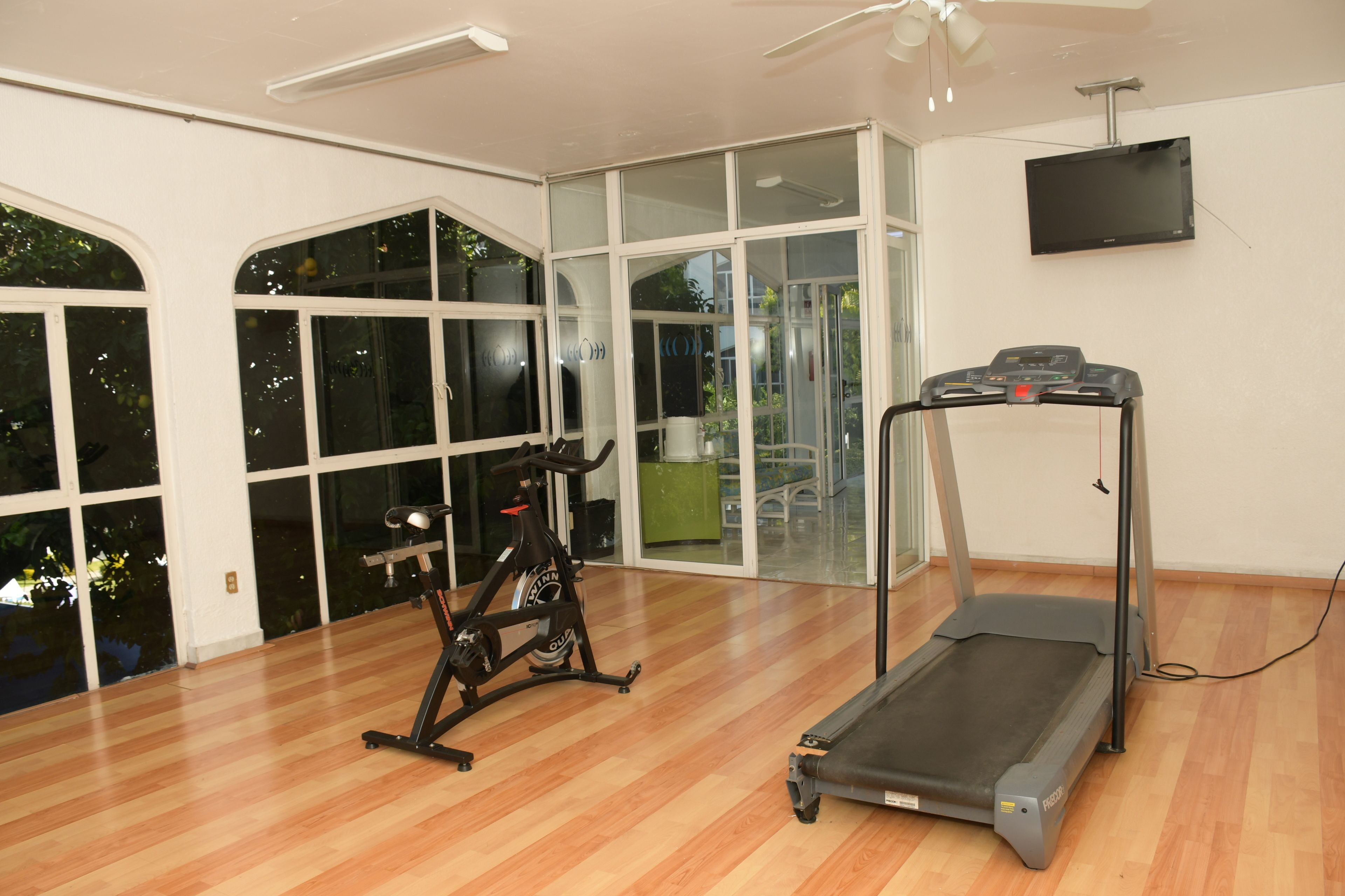 Una habitación amplia con suelo de madera, una bicicleta estática, una cinta de correr y un ventanal con vistas al exterior.