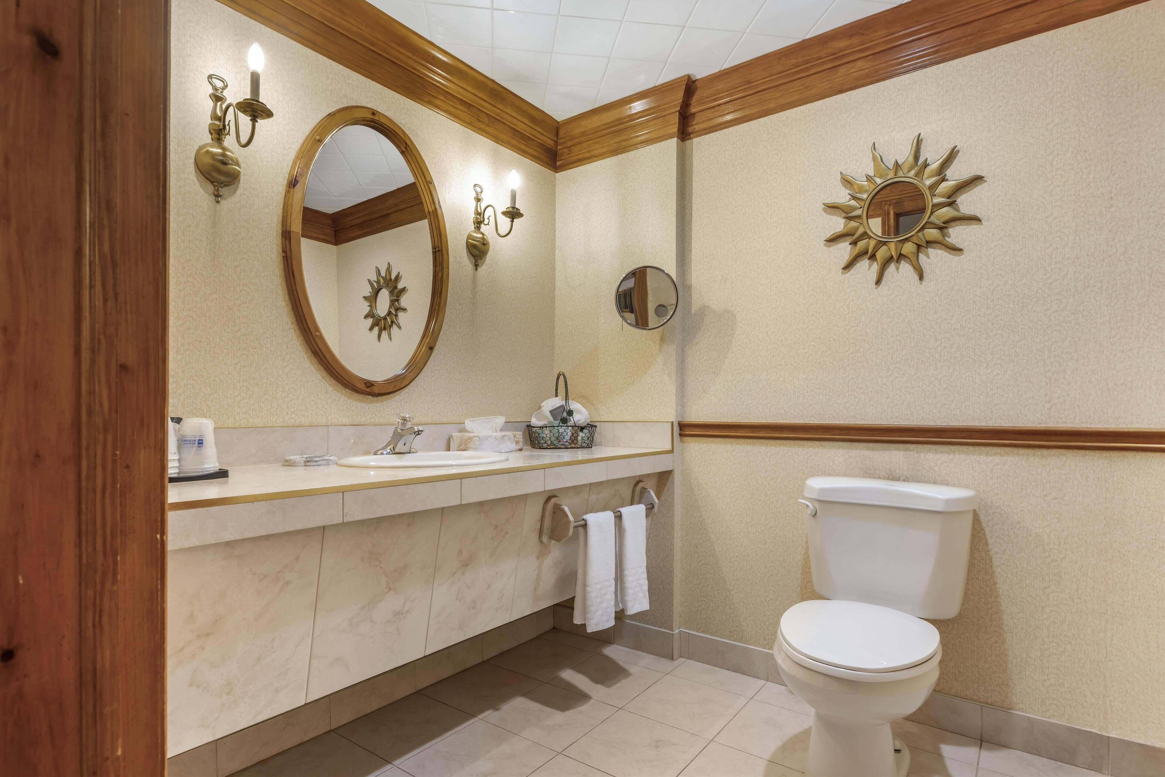 A bathroom with a vanity, sink, mirror, towel rack, toilet, and decorative wall sconces.