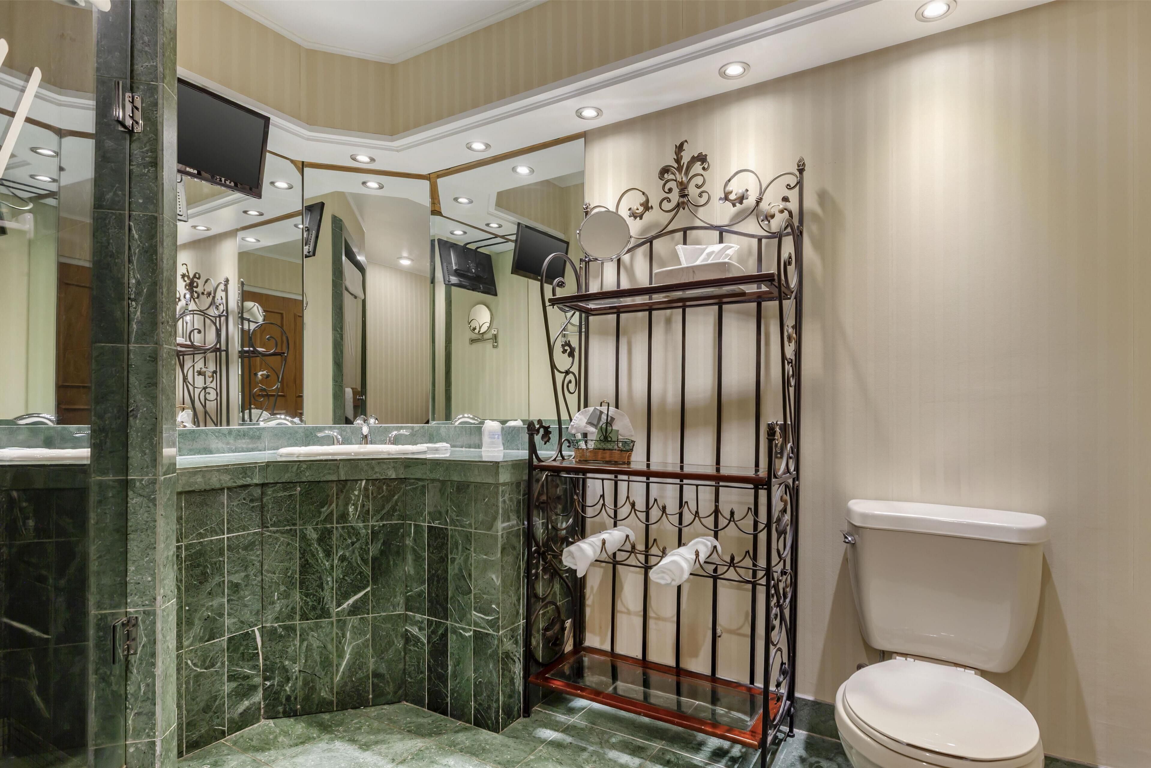A bathroom with a marble sink, a toilet, and a shower area with a metal rack.