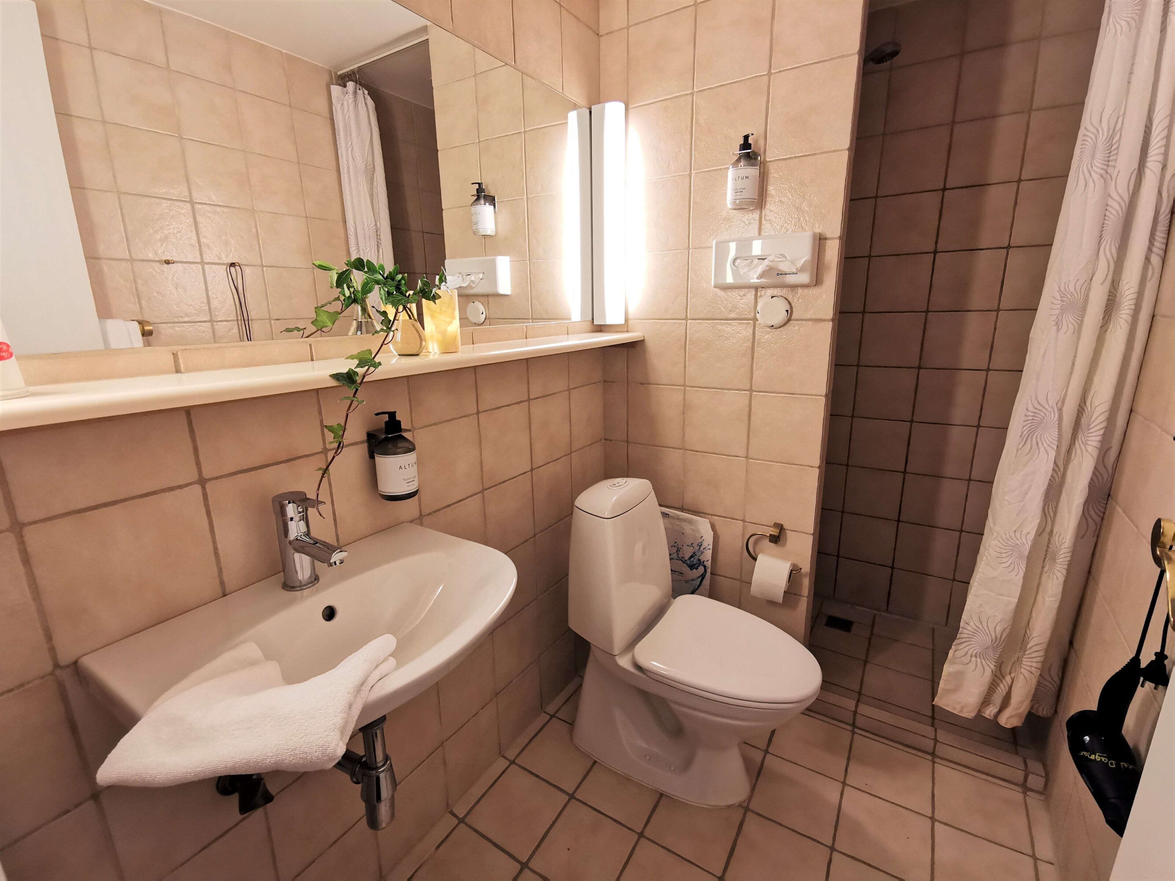 A bathroom with a sink, toilet, and shower.