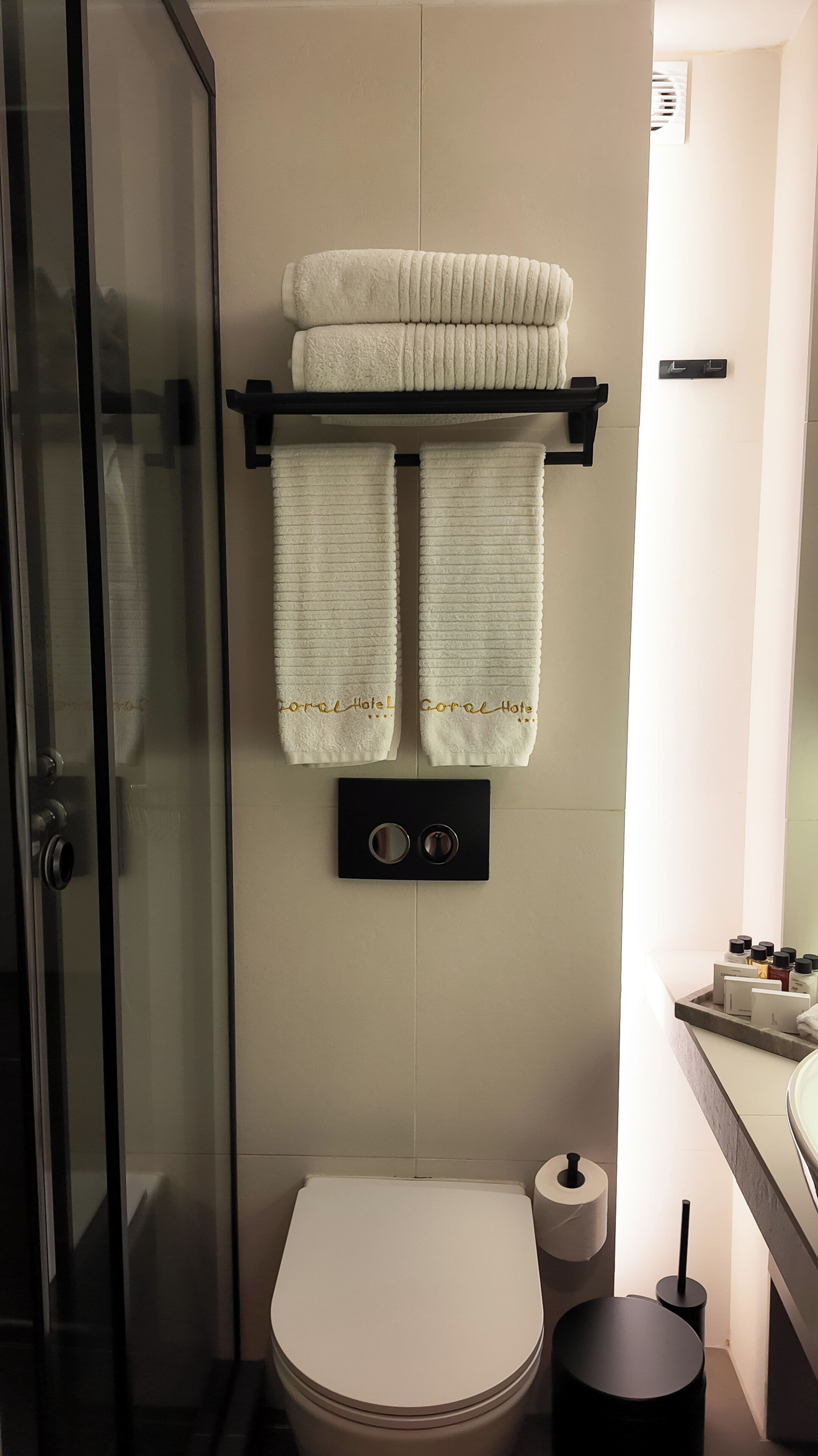 Un baño con inodoro, toallero con dos toallas, dispensador de jabón negro y cabina de ducha con mampara de cristal.