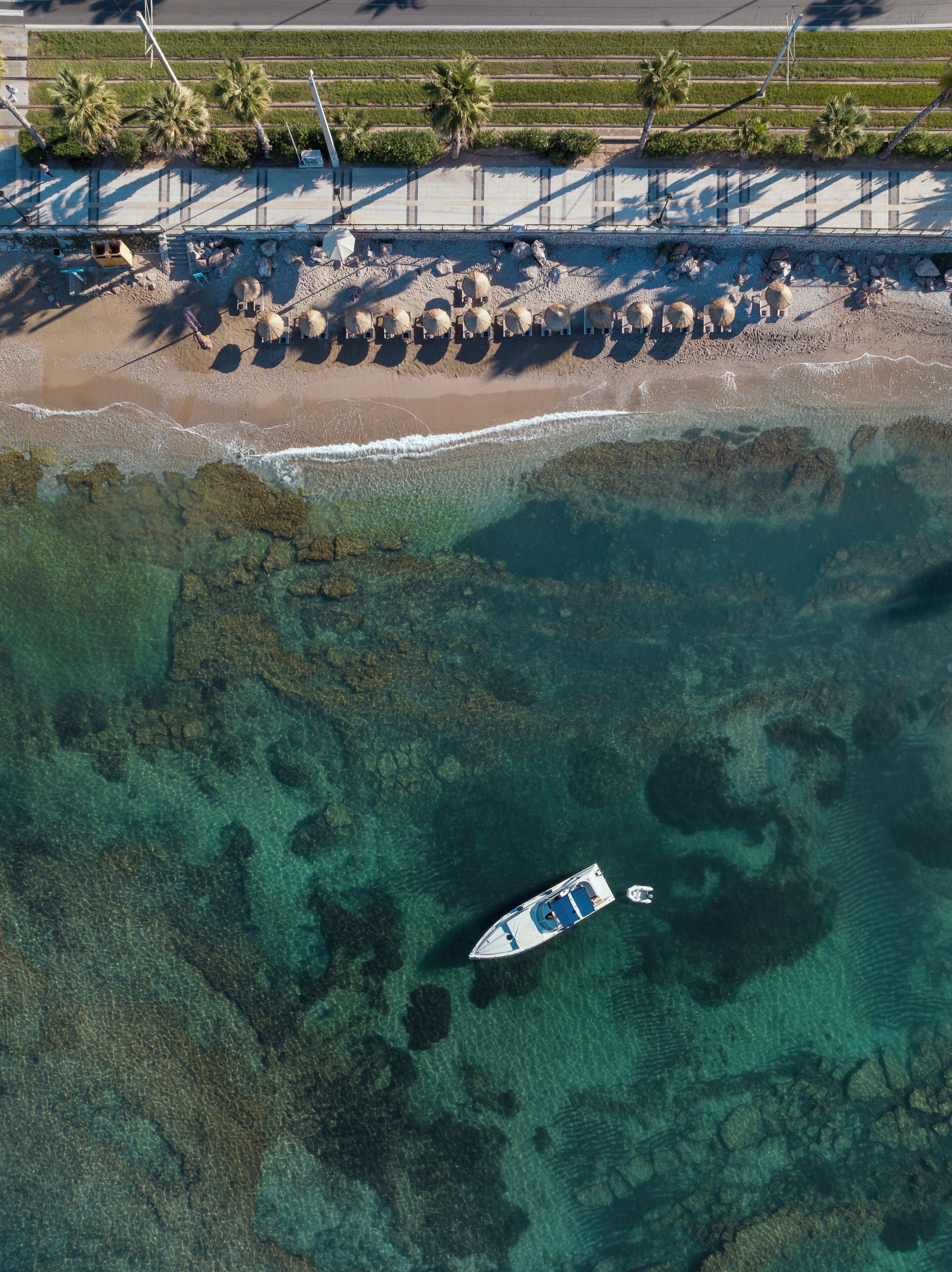Vista aérea de una playa con aguas claras y poco profundas, un bote y una hilera de palmeras.
