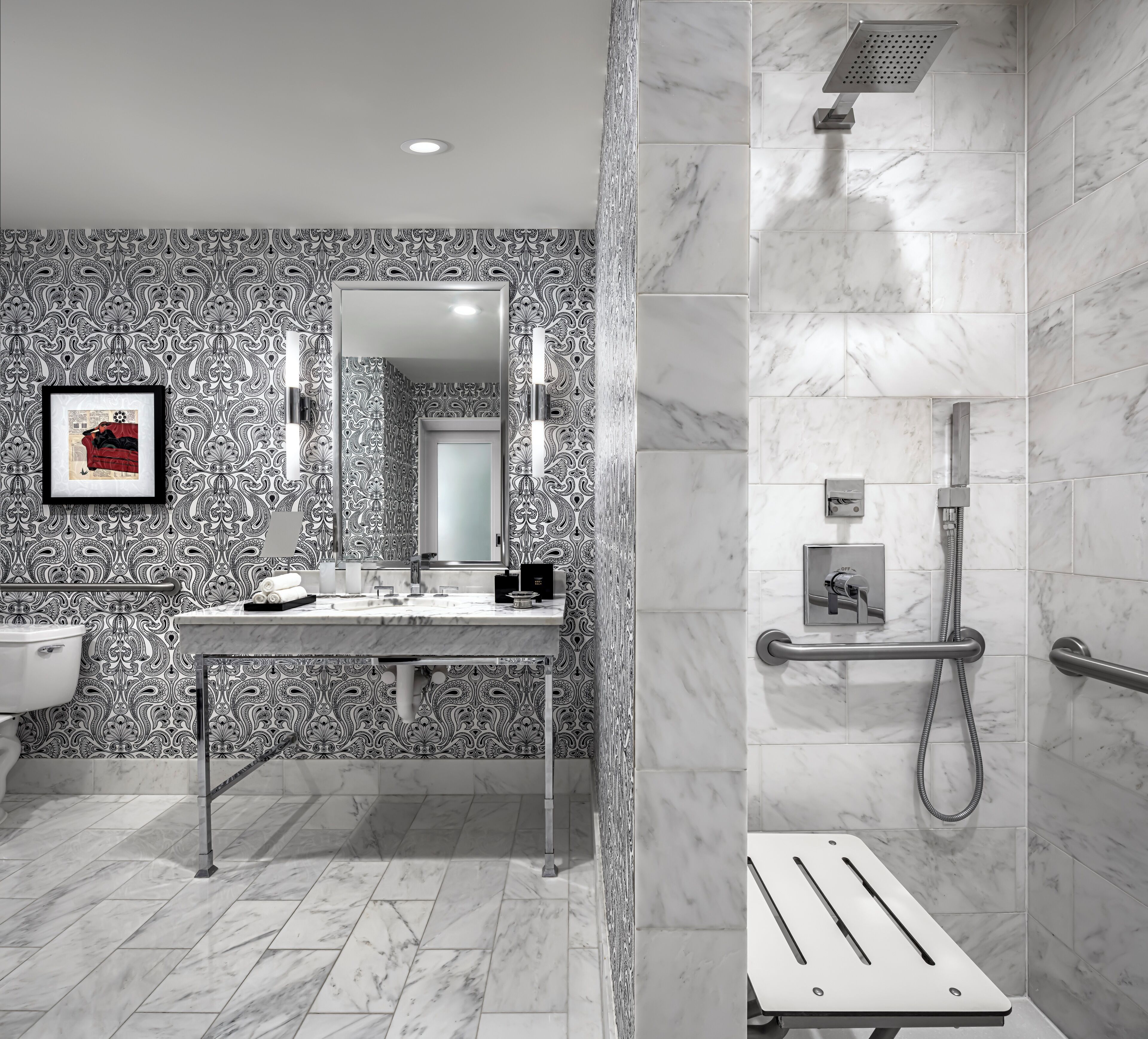 room, 1 king bed (mobility accessible, roll-in shower) | bathroom | rainfall showerhead, designer toiletries, hair dryer, bathrobes